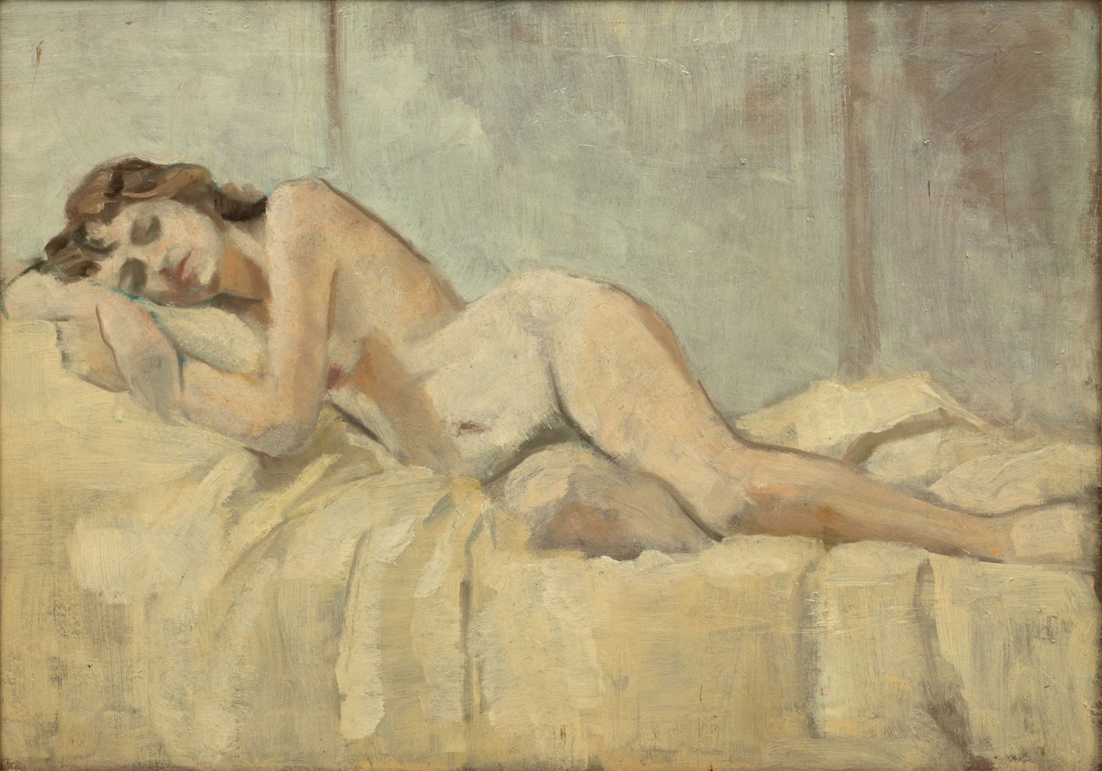 American Oil on Canvas, Ca. 1920-1930, "Female Nude", H 20" W 28": American Oil on Canvas, Ca. 1920-1930, "Female Nude", H 20" W 28" | Monogrammed on canvas verso "L.A.D." and signed "Dudley" on stretcher. Depicting a female nude reclined on white sheets. Carved gold