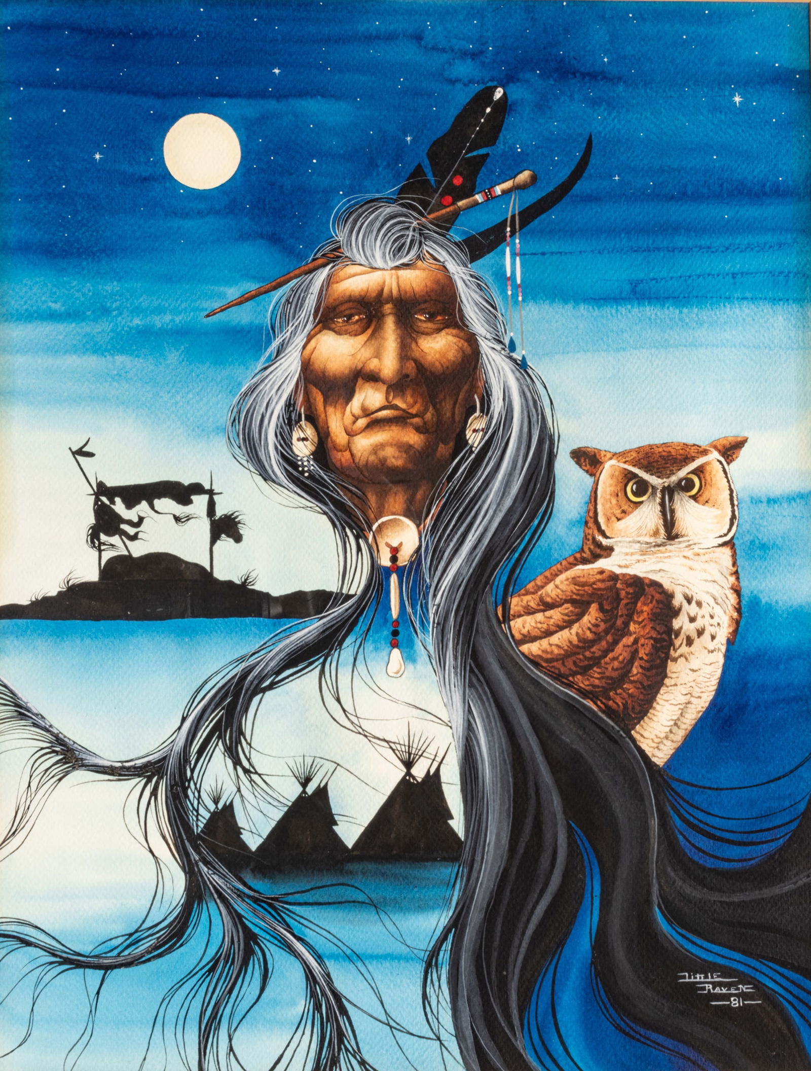 American Watercolor on Paper, Ca. 1981, "Little Raven", H 23" W 17.5" (1 of 7)