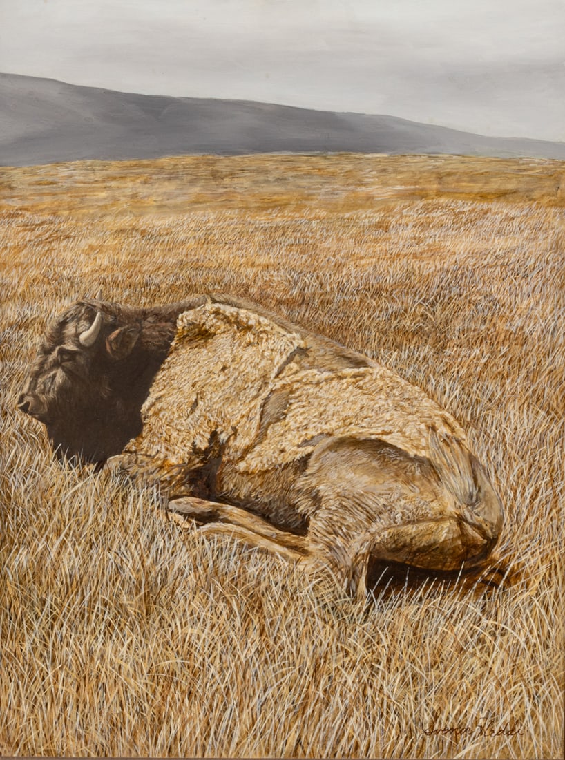 Svenn Heddi, Oil on Board, Ca. 1980s, "Shedding Bison on the Plains", H 24" W 18": Svenn Heddi, Oil on Board, Ca. 1980s, "Shedding Bison on the Plains", H 24" W 18" | Signed in the lower right. Early spring scene on the American plains of a bison shedding it's winter coat. Having a 