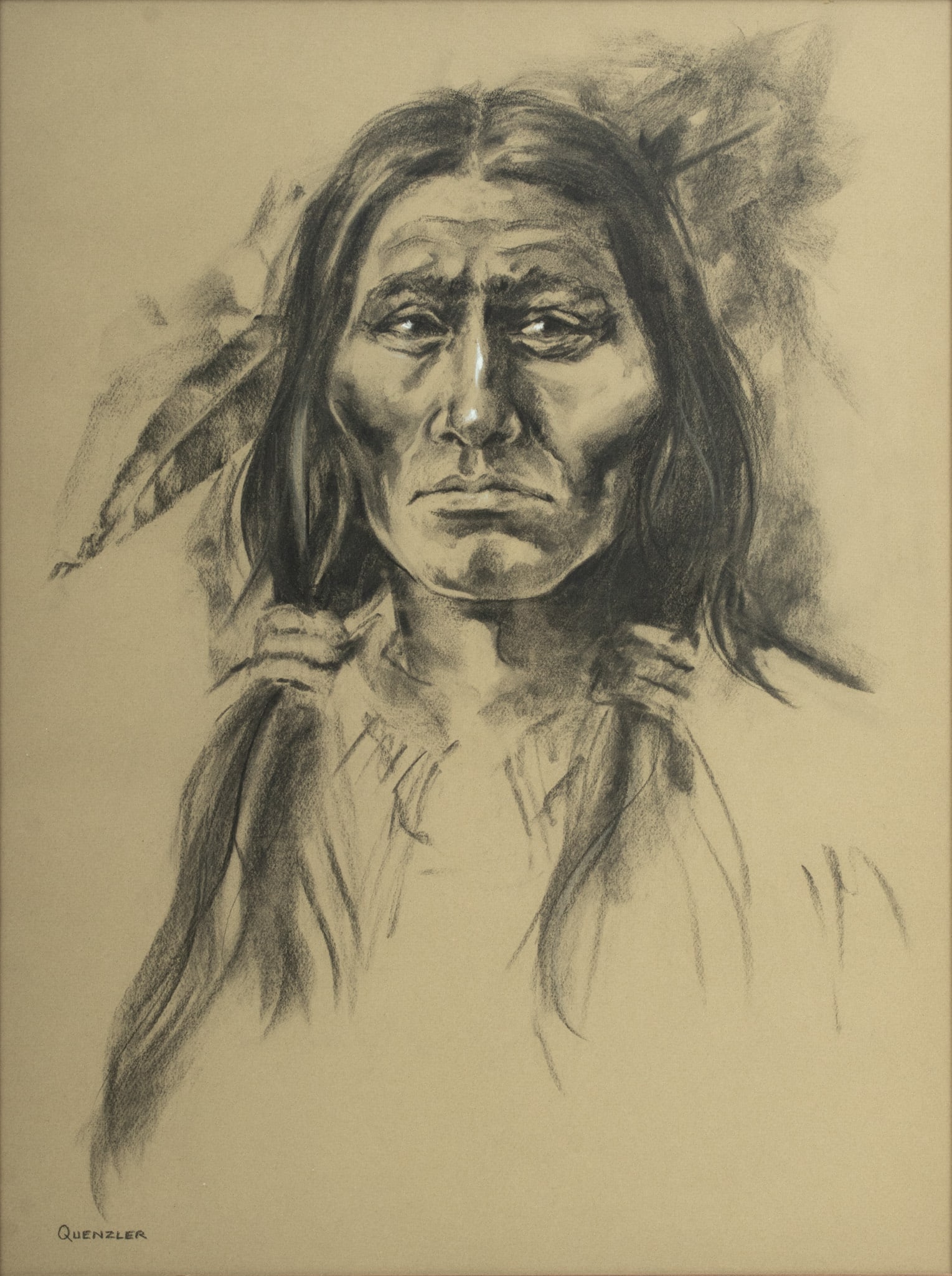 Julia Quenzler (English, 20th C.) Charcoal on Paper, Ca. 1980s, "Cheyenne Warrior", H 24" W 17.5": Julia Quenzler (English, 20th C.) Charcoal on Paper, Ca. 1980s, "Cheyenne Warrior", H 24" W 17.5" | Signed in the lower left. Charcoal portrait of a Cheyenne warrior. Julia Quenzler emigrated to the S