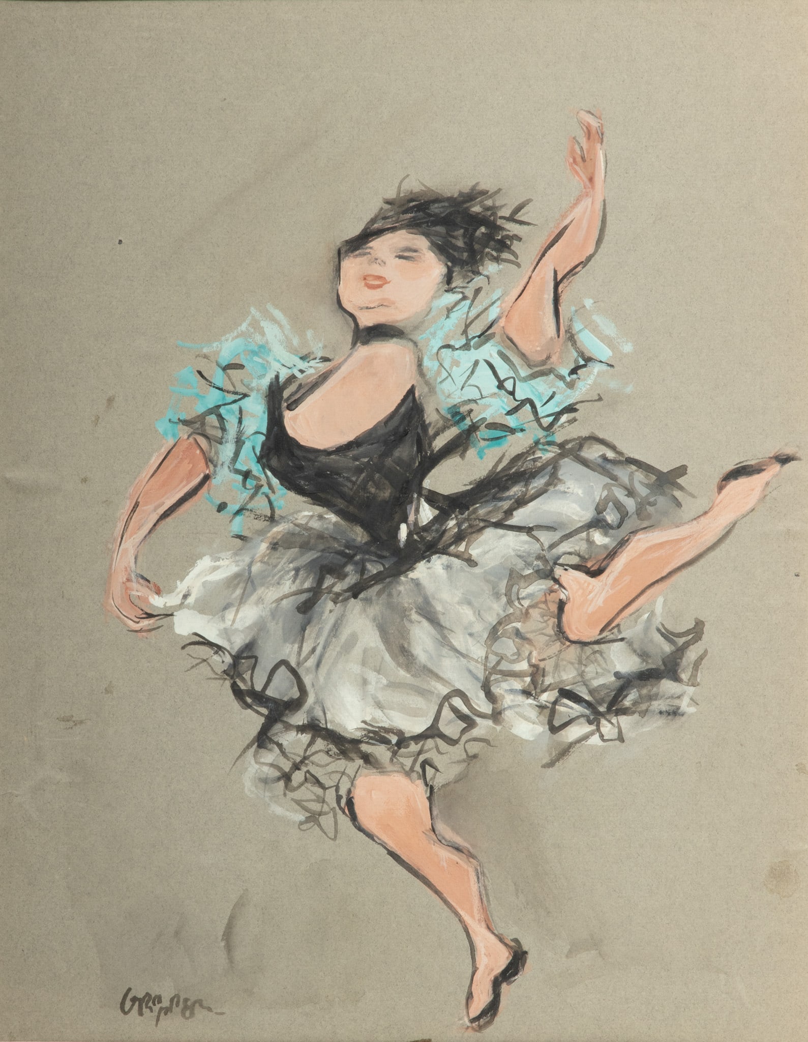 William Gropper (American, 1897-1977) Gouache And Watercolor on Paper, Ballerina, H 15" W 11.5": William Gropper (American, 1897-1977) Gouache And Watercolor on Paper, Ballerina, H 15" W 11.5" | Signed in the lower left. Gouache and watercolor on paper depicting a dancing ballerina. Matted and fr