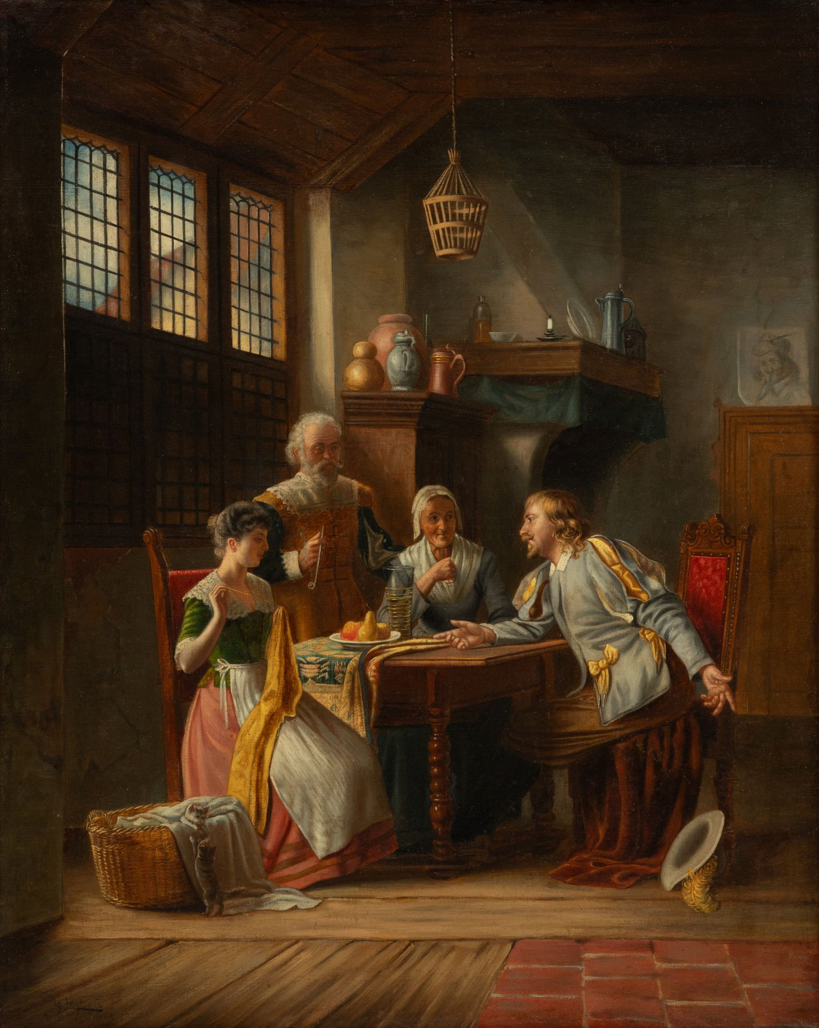 Continental European Golden Age Style Oil on Canvas Signed H. Laporte Early 20th C., "Genre Scene", (1 of 5)