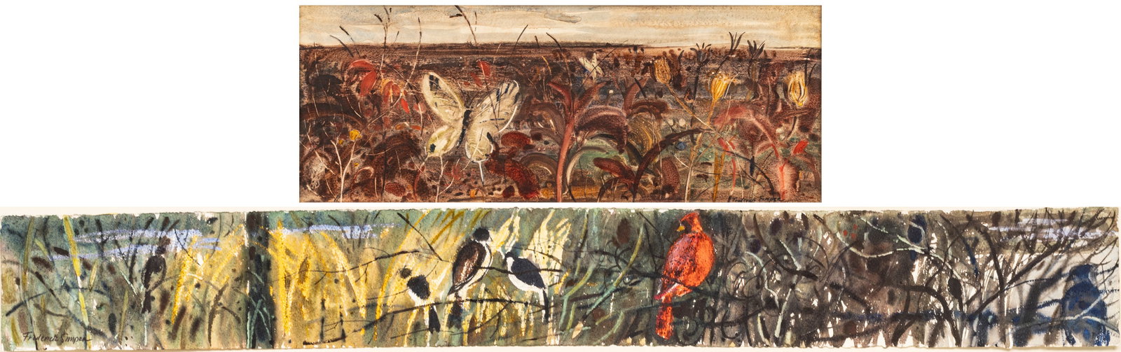 Fred Simper (American, 1914-2002) Watercolors on Paper Ca. 1968, "Autumn Butterfly And Winter: Fred Simper (American, 1914-2002) Watercolors on Paper Ca. 1968, "Autumn Butterfly And Winter Birds", 2 pcs | Autumn Butterfly: 7.5" X 20", Frame 22" X 10". Signed lower right; Winter Birds, 30.5" X 4