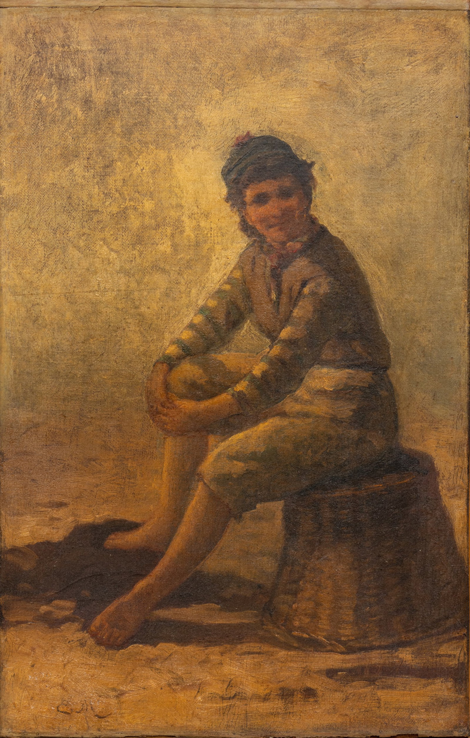 European Oil on Canvas, Ca. Late 19th/early 20th C., Neapolitan Fishing Boy H 21.5" W 13.5": European Oil on Canvas, Ca. Late 19th/early 20th C., Neapolitan Fishing Boy H 21.5" W 13.5" | Monogrammed EM in the lower left. Depicting a Neapolitan fishing boy seated on a basket. Having a painted 
