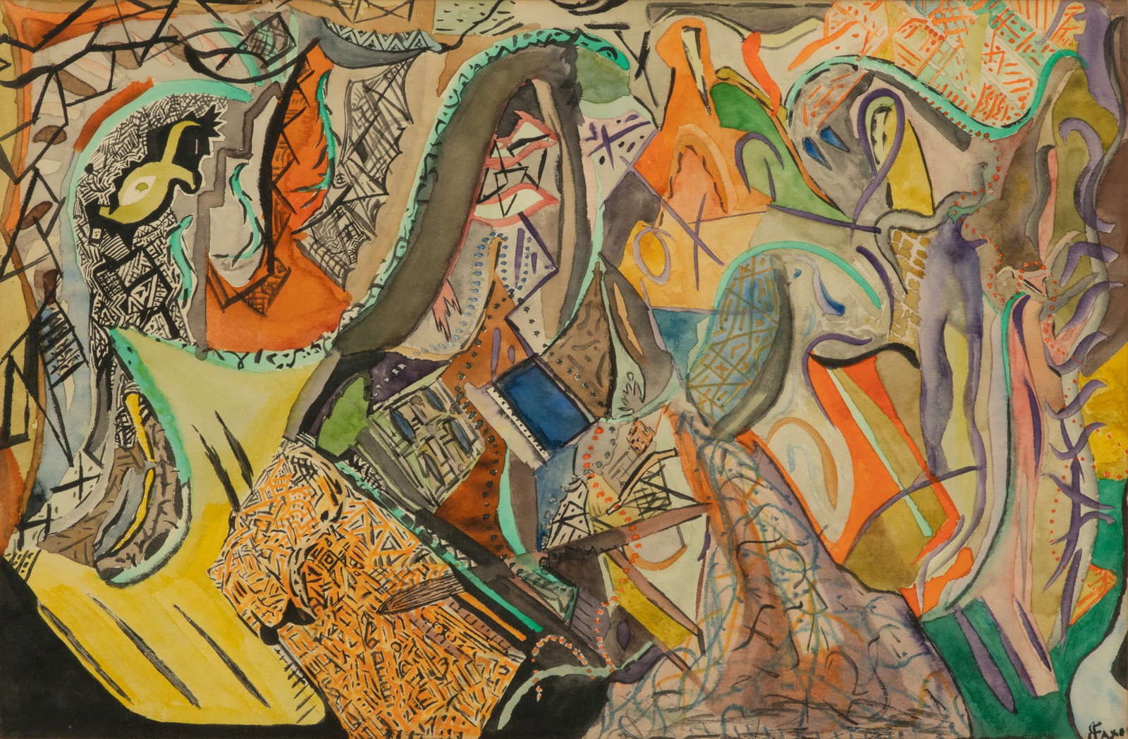 Jack Faxon (American, 1936-2020) Watercolor, Abstact H 12" W 17": Jack Faxon (American, 1936-2020) Watercolor, Abstact H 12" W 17" | Signed lower right. Multi color with orange. Modern wood frame 18" X 24". Provenance: Property from the estate of prominent collector