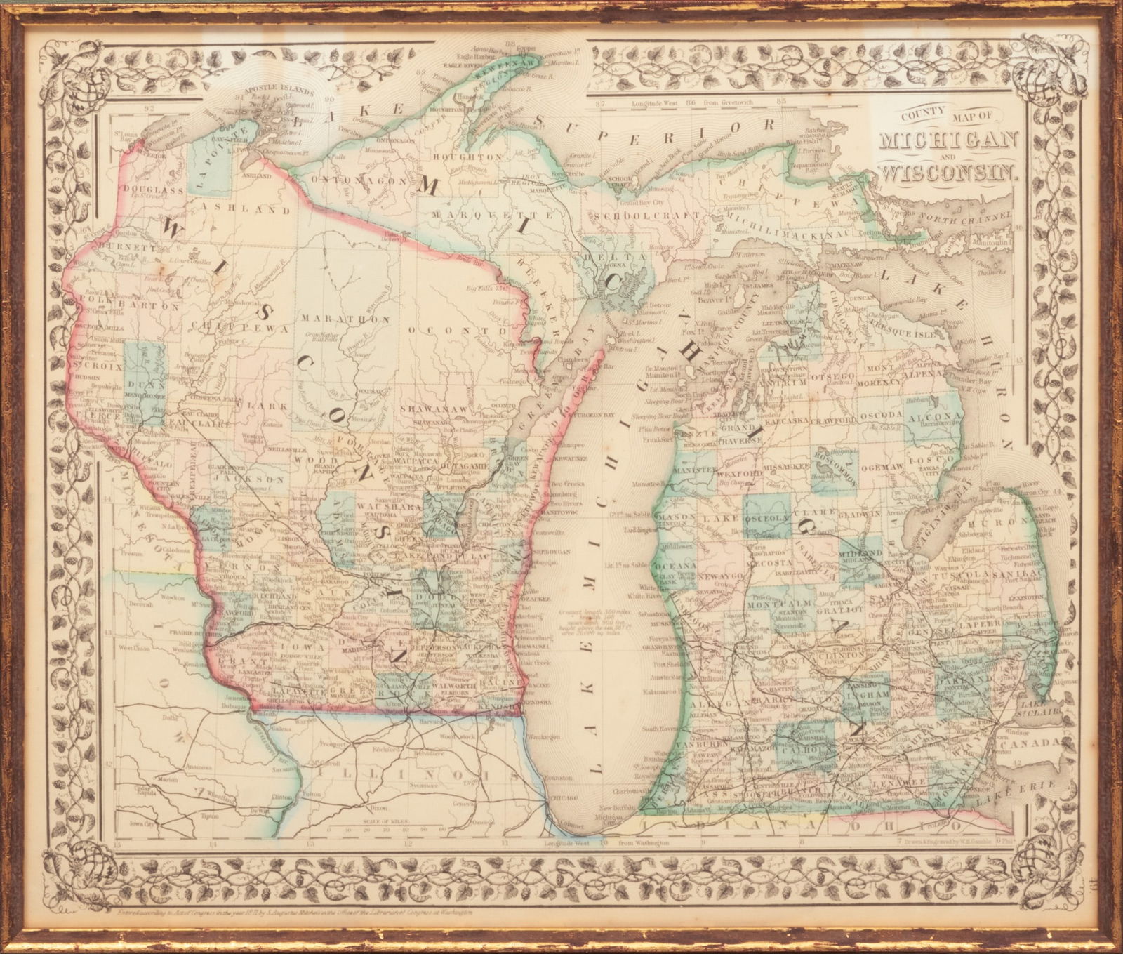William H. Gamble (American, B. 1863) Hand Colored Engraving, Ca. 1863, "County Map of Michigan And (1 of 3)