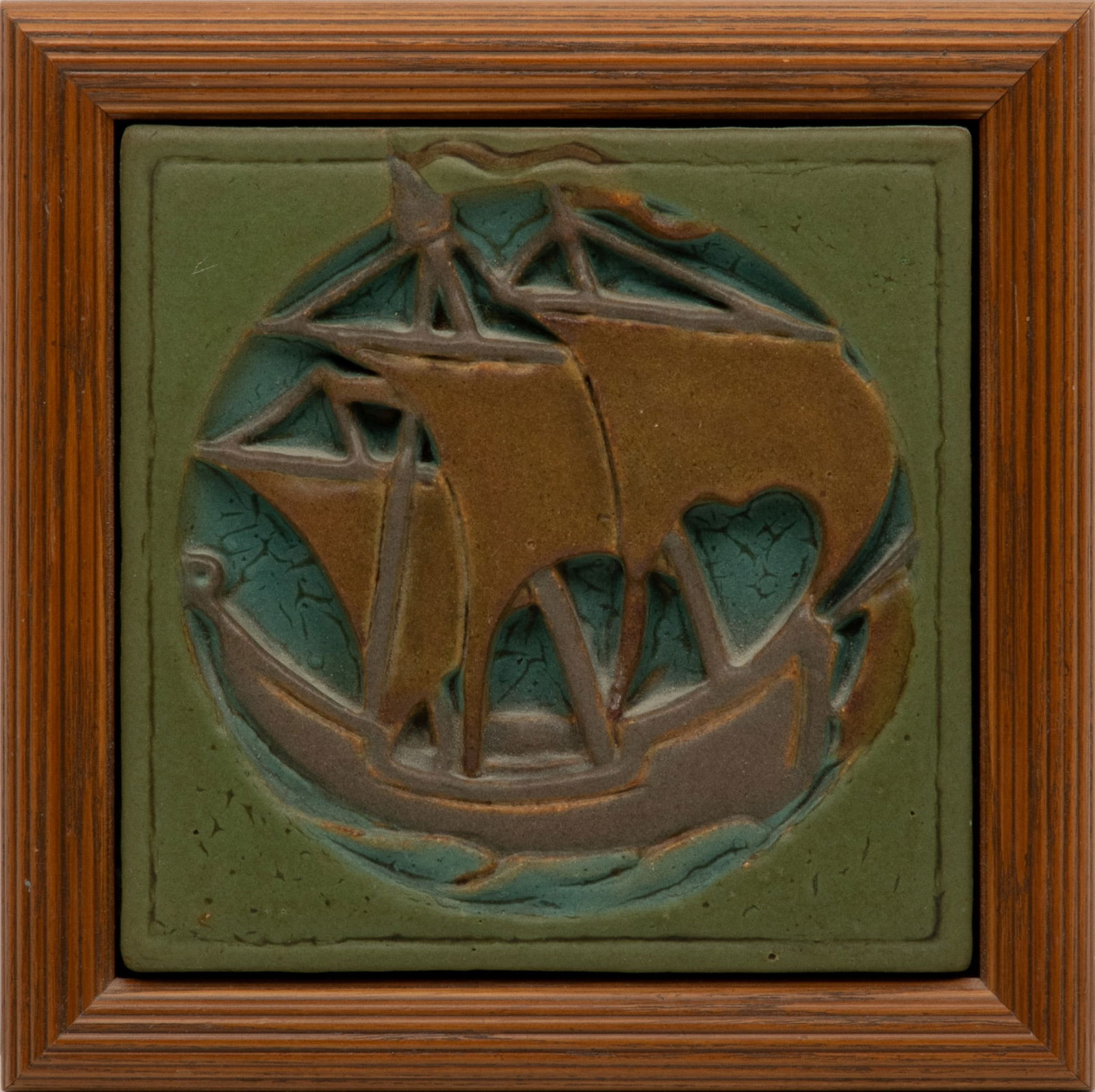 Rookwood Pottery (American) Framed Trivet Tile, Galleon Motif, H 6" W 6" (1 of 3)
