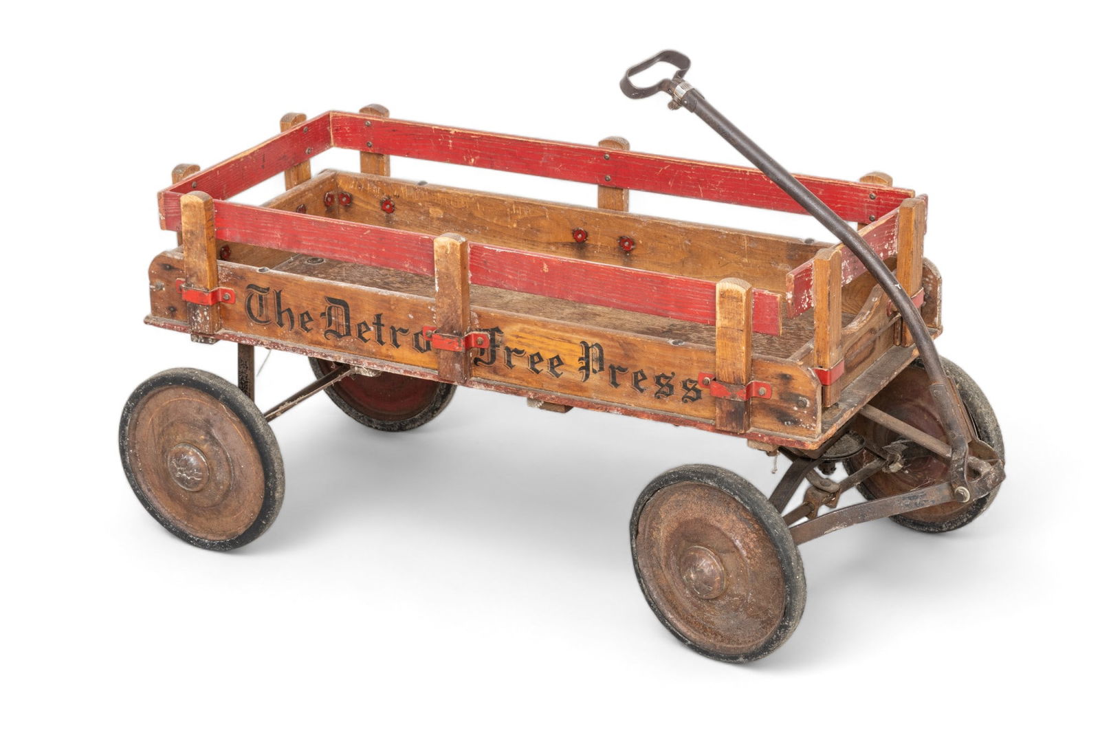 Detroit Free Press Wood And Iron Newspaper Delivery Wagon Ca. 1920-1930, H 18" W 17" L 41" (1 of 8)