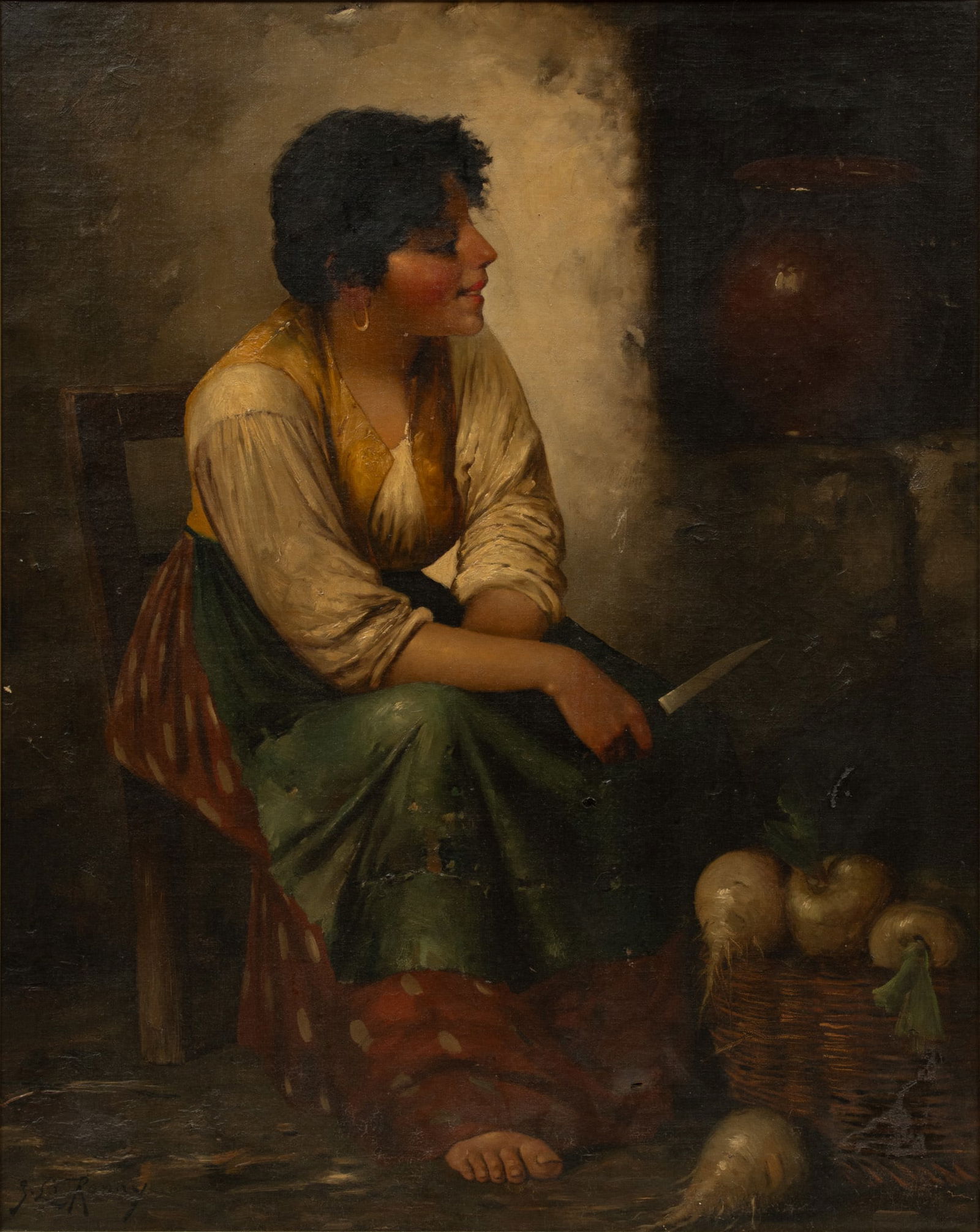 J.L. Ronay (French) Oil on Canvas Mounted to Board, Ca. 1900, "Peasant Girl Peeling Turnips", H 30" (1 of 5)