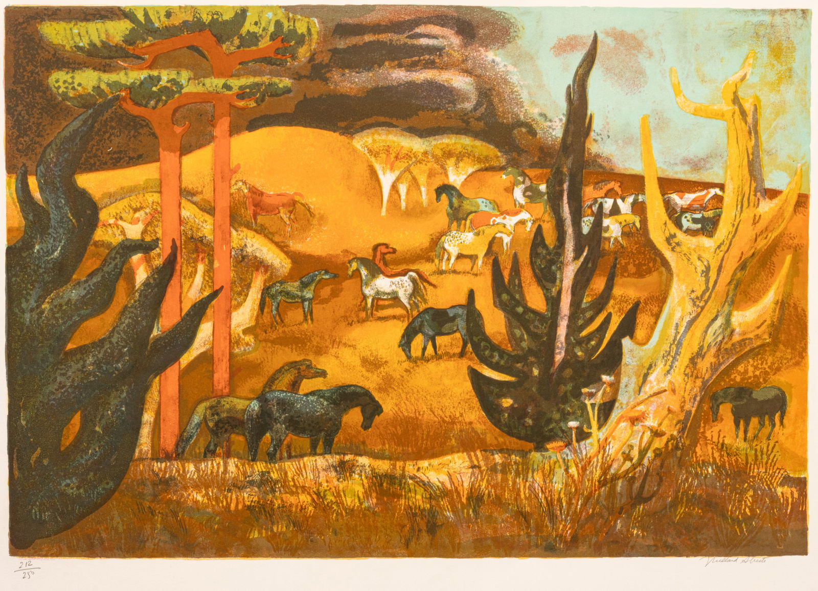 Millard Sheets (American, 1907-1989) Lithograph in Colors on Wove Paper "Summer Gold", H 23.6" W: Millard Sheets (American, 1907-1989) Lithograph in Colors on Wove Paper "Summer Gold", H 23.6" W 35.1" | Signed in pencil lower right and numbered 212/250, with blindstamp in the lower left corner, th