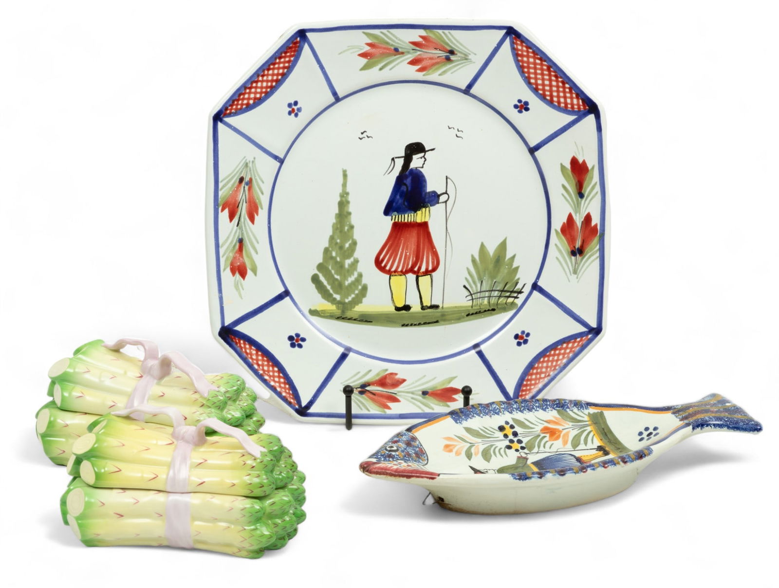 Herend (Hungary) Porcelain Asparagus Dishes (2) + Henriot Quimper Plate & Fish Form Dish 4 pcs (1 of 7)