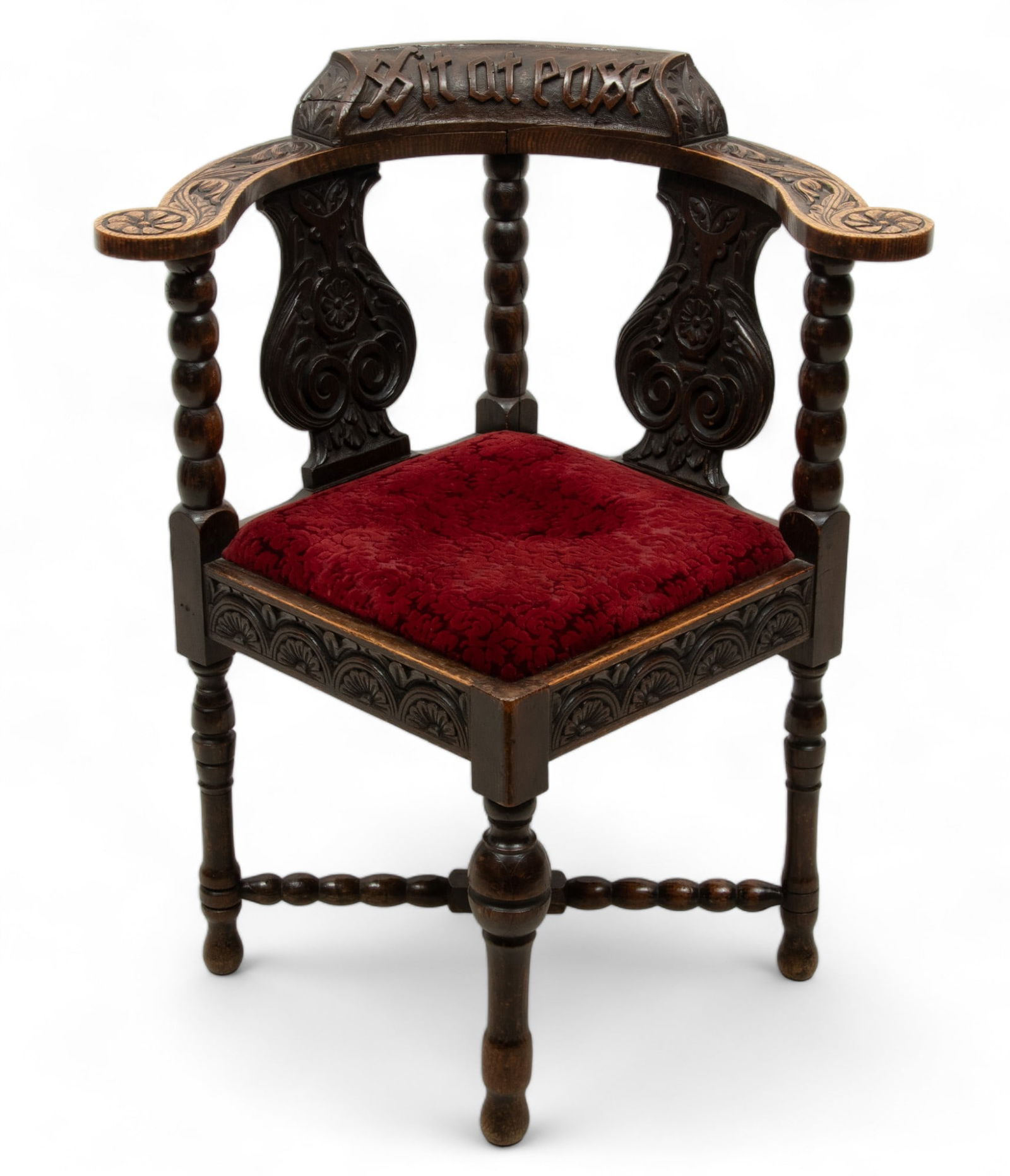English Renaissance Revival Carved Oak Corner Chair, Ca. 1900-1920, H 33" W 24" Depth 24" (1 of 5)