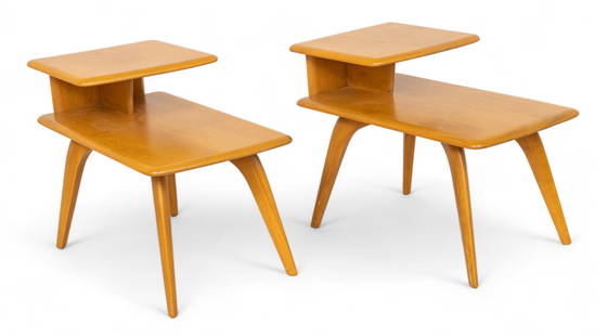 Heywood-Wakefield Co. (American) Two-tiered Birch End Tables, Ca. 1950-60, H 22" W 17" L 31" 1 Pair: Heywood-Wakefield Co. (American) Two-tiered Birch End Tables, Ca. 1950-60, H 22" W 17" L 31" 1 Pair | the table offers two tiers of rounded surfaces, terminating on four curved legs. Bearing signature