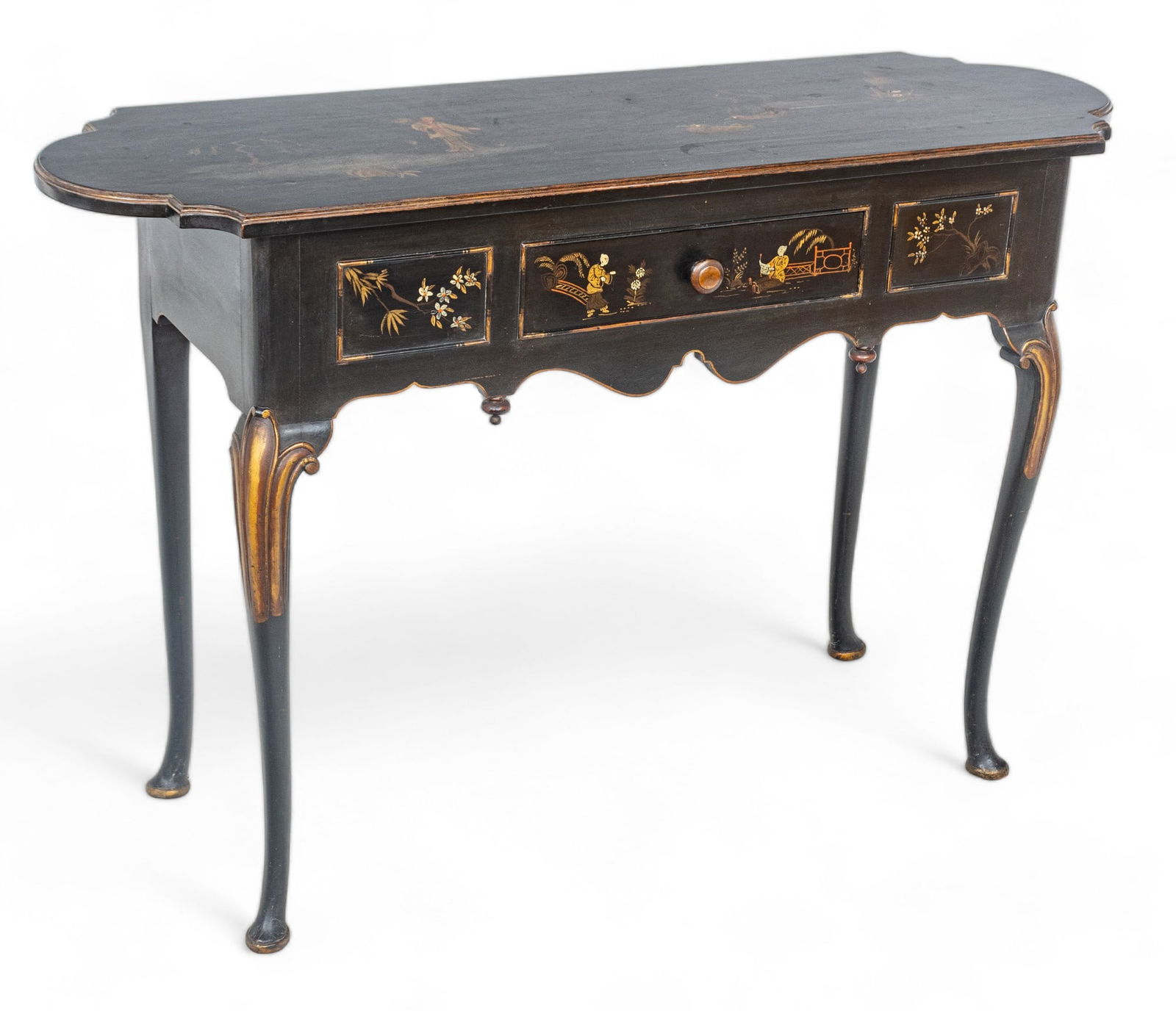 Chinoiserie Queen Ann Style Console Table Ca. 20th Cen., H 32.5" W 50" Depth 16": Chinoiserie Queen Ann Style Console Table Ca. 20th Cen., H 32.5" W 50" Depth 16" | Having a single drawer, cabriole legs and club feet.