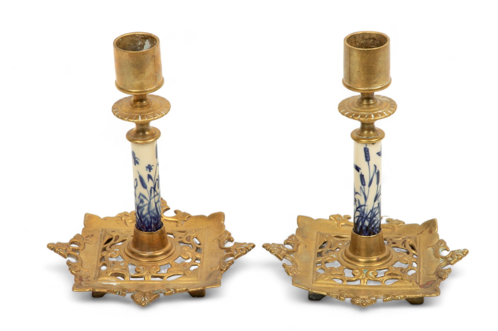 Brass And Porcelain Candlesticks Ca. 1900, H 9" W 4" (1 of 4)