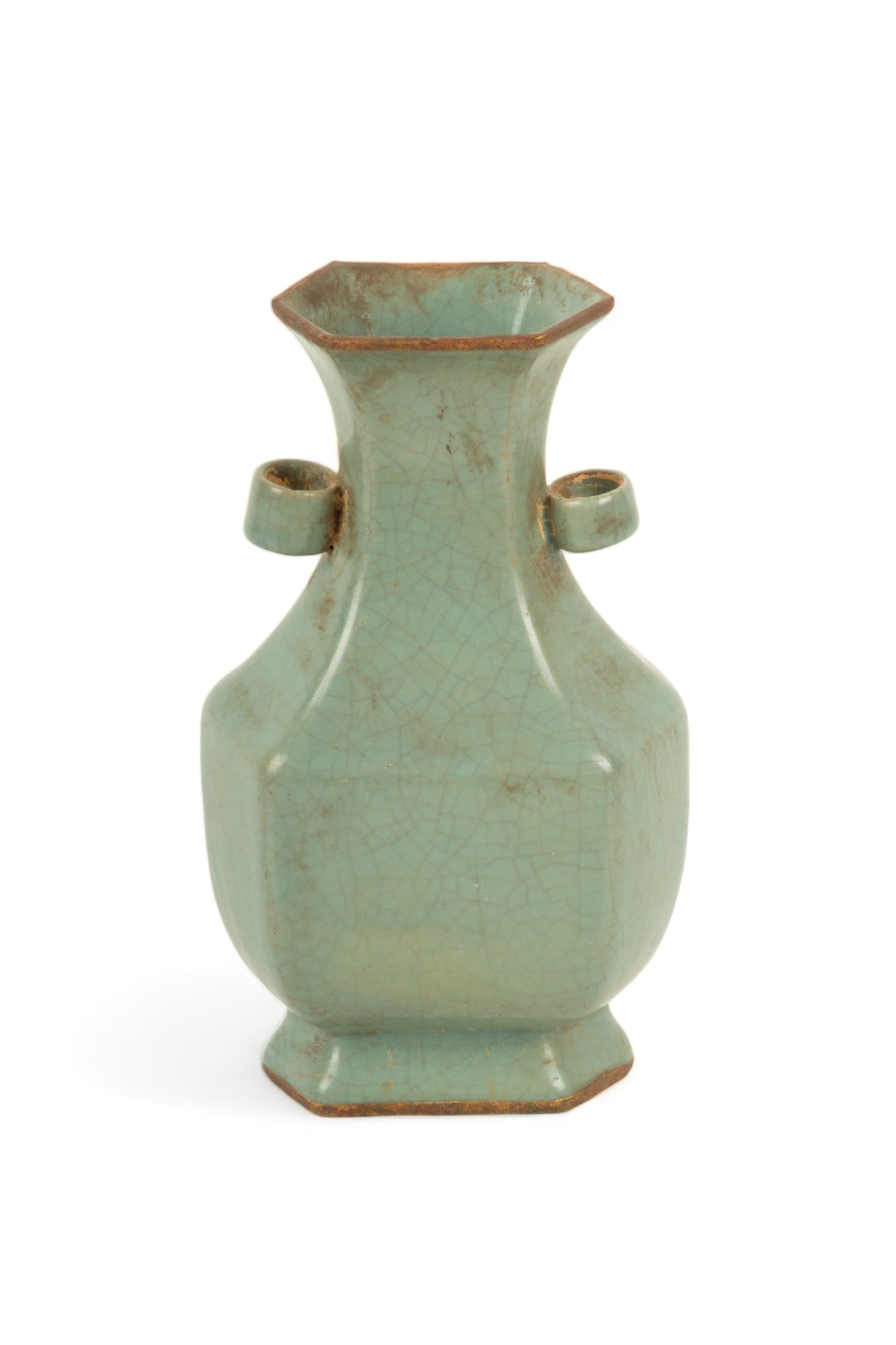 Chinese Porcelain Celadon Glazed Earthenware Vase, Gilt Rimmed, H 8.25" W 4.5" Depth 3.5" (1 of 5)