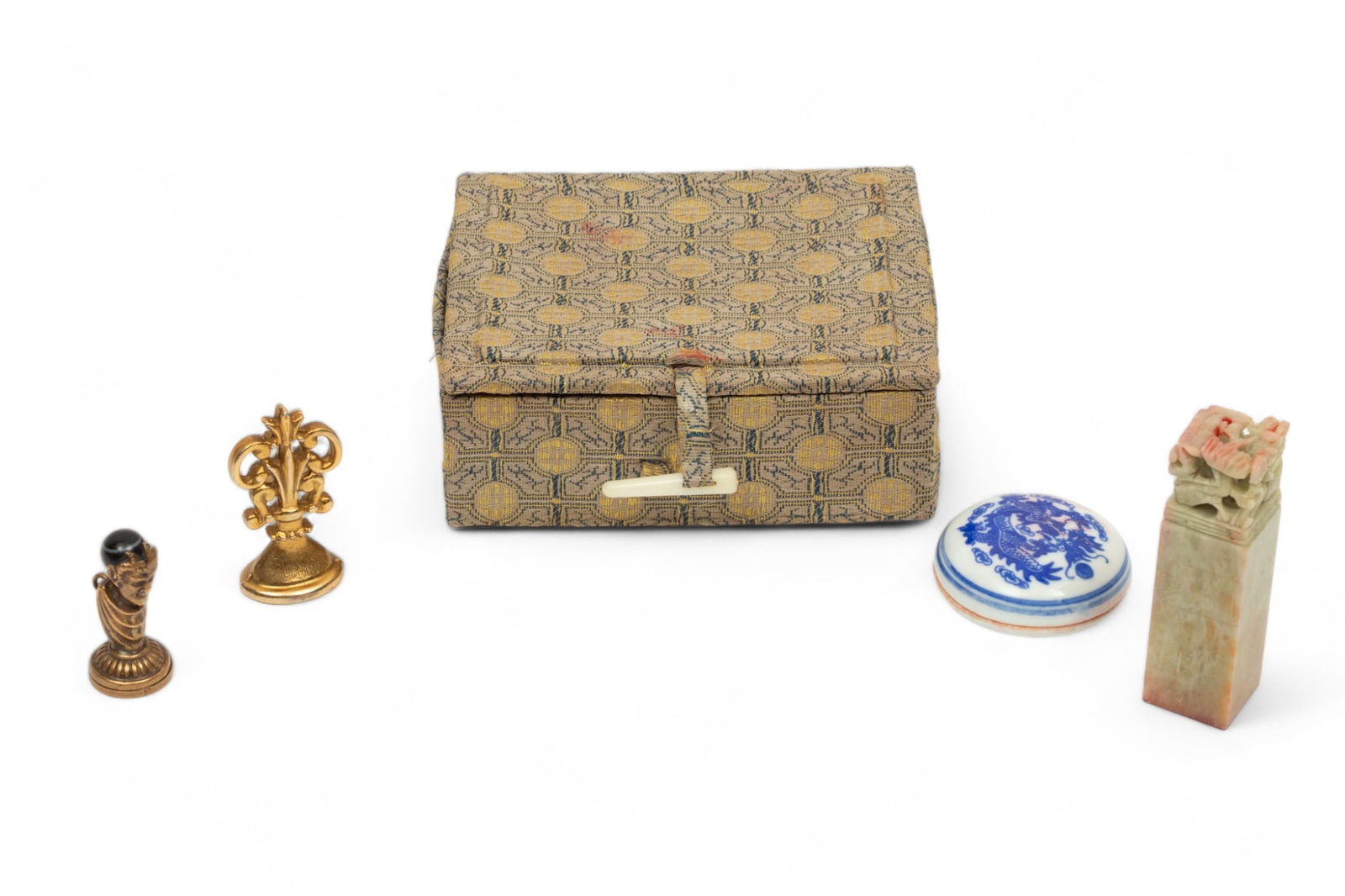 Chinese Carved Soapstone Seal & Porcelain Wax Dish, + 2 Metal Seals H 2.7" 4 pcs (1 of 5)