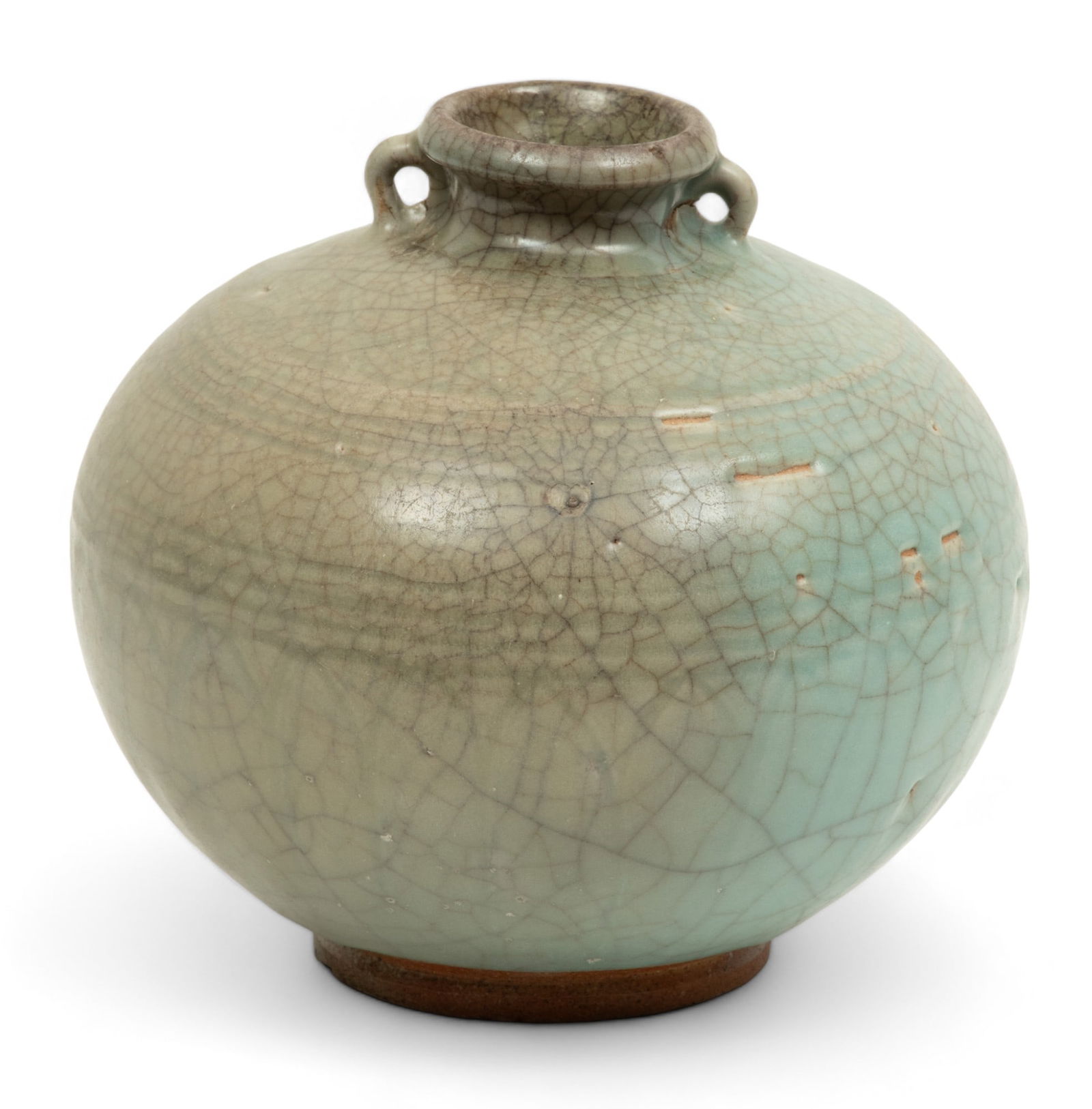 Japanese Izumo Ware Celadon Glaze Pottery Vase, Ca. 19th C., H 6.5" Dia. 7.25" (1 of 6)