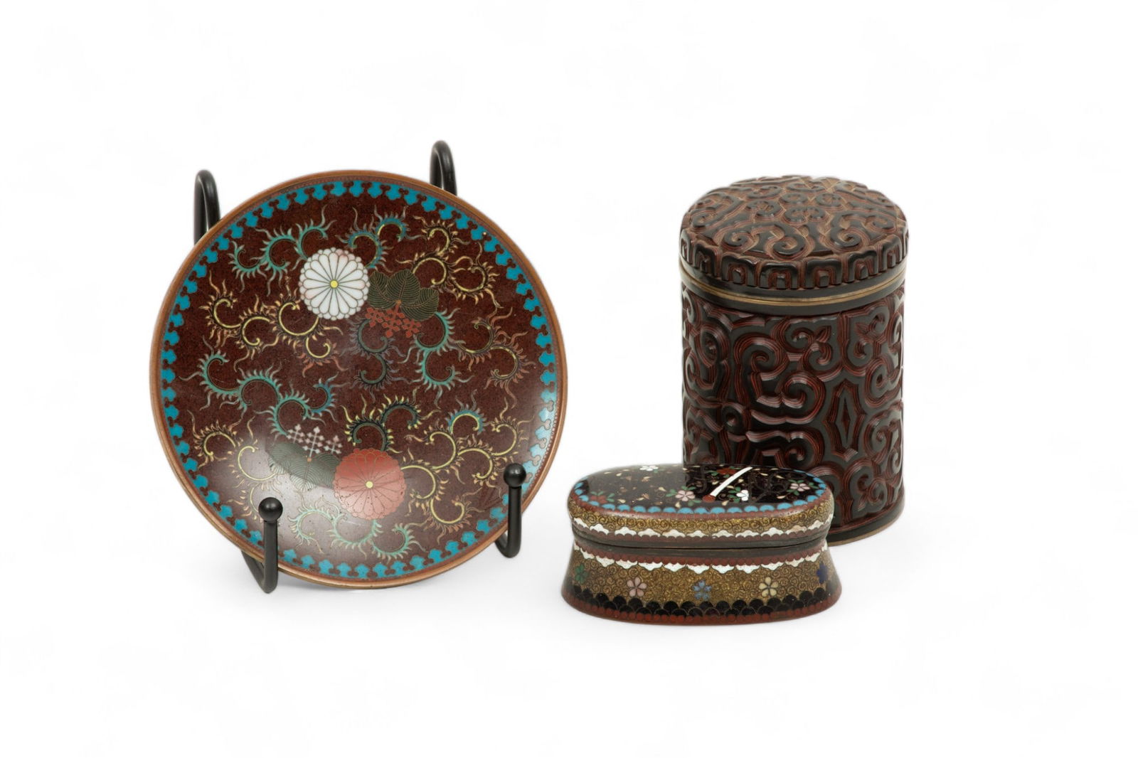 Japanese Cloisonne Matchbox, Plate And Cinnabar Cannister, 20th C., 3 pcs (1 of 5)