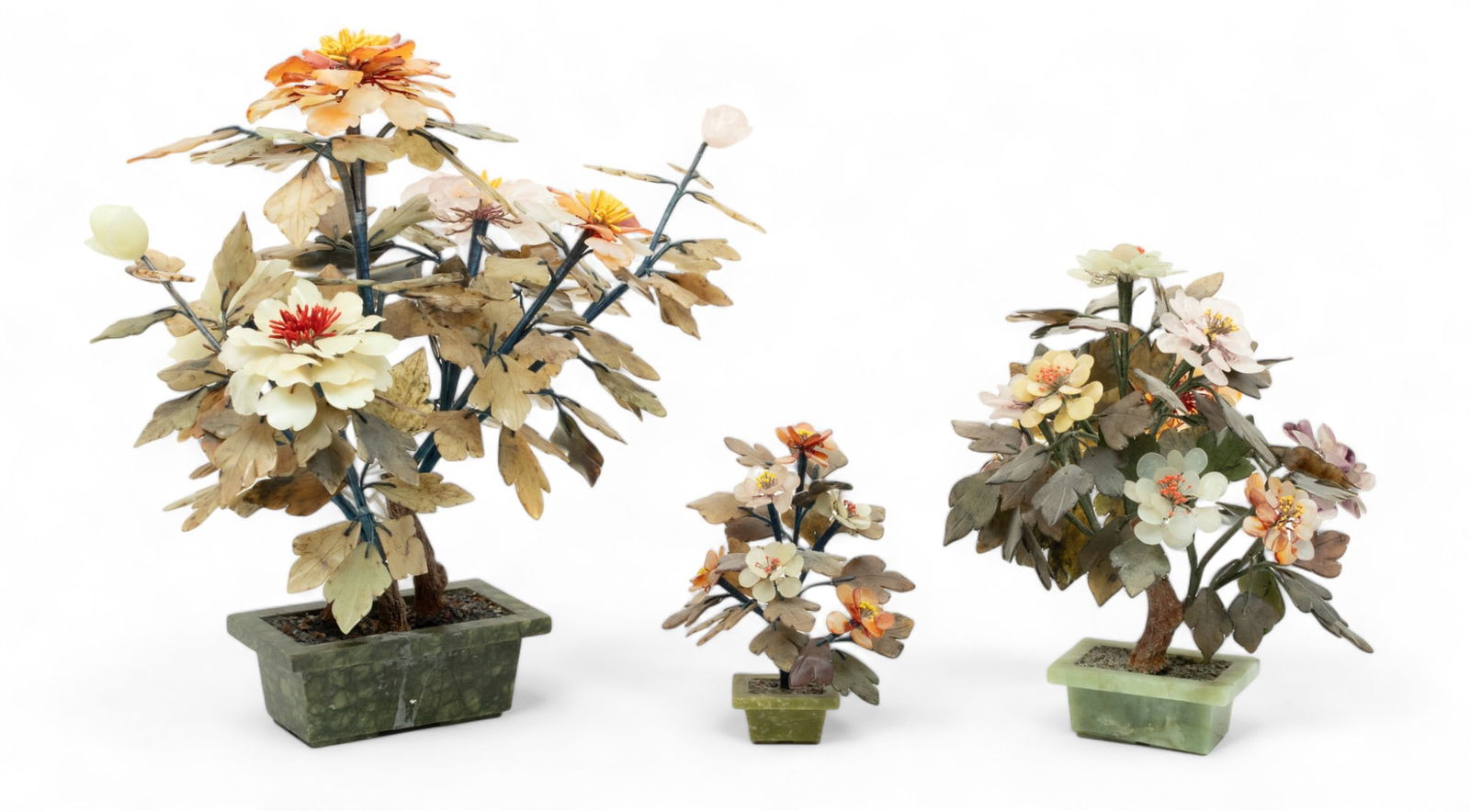 Chinese Carved Hardstone Floral Arrangements, 20th C., H 18" W 18" Depth 11" 3 pcs (1 of 4)