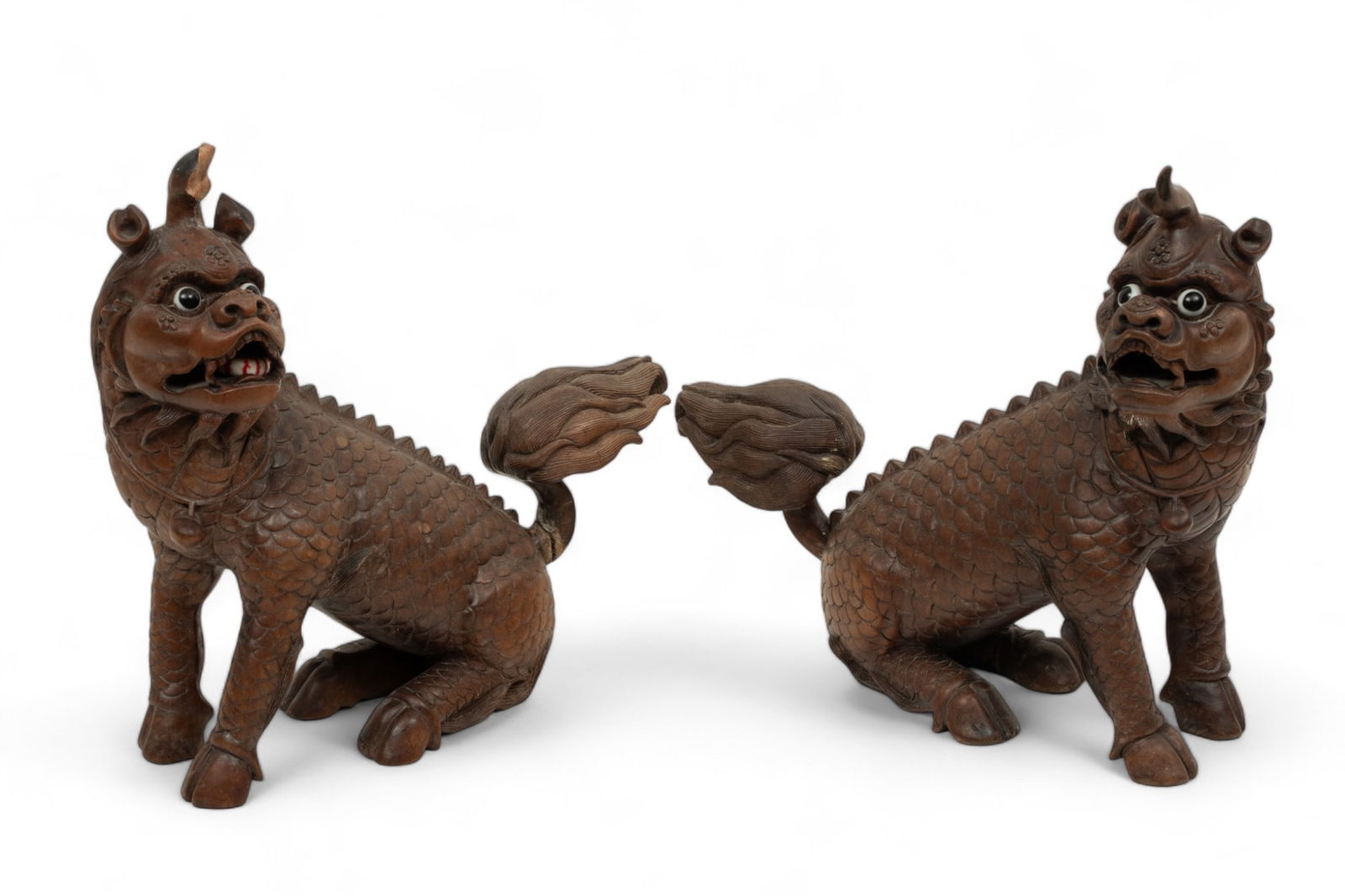 Chinese Carved Teak Qilin Ca. 1900, H 12" L 13" 1 Pair (1 of 4)