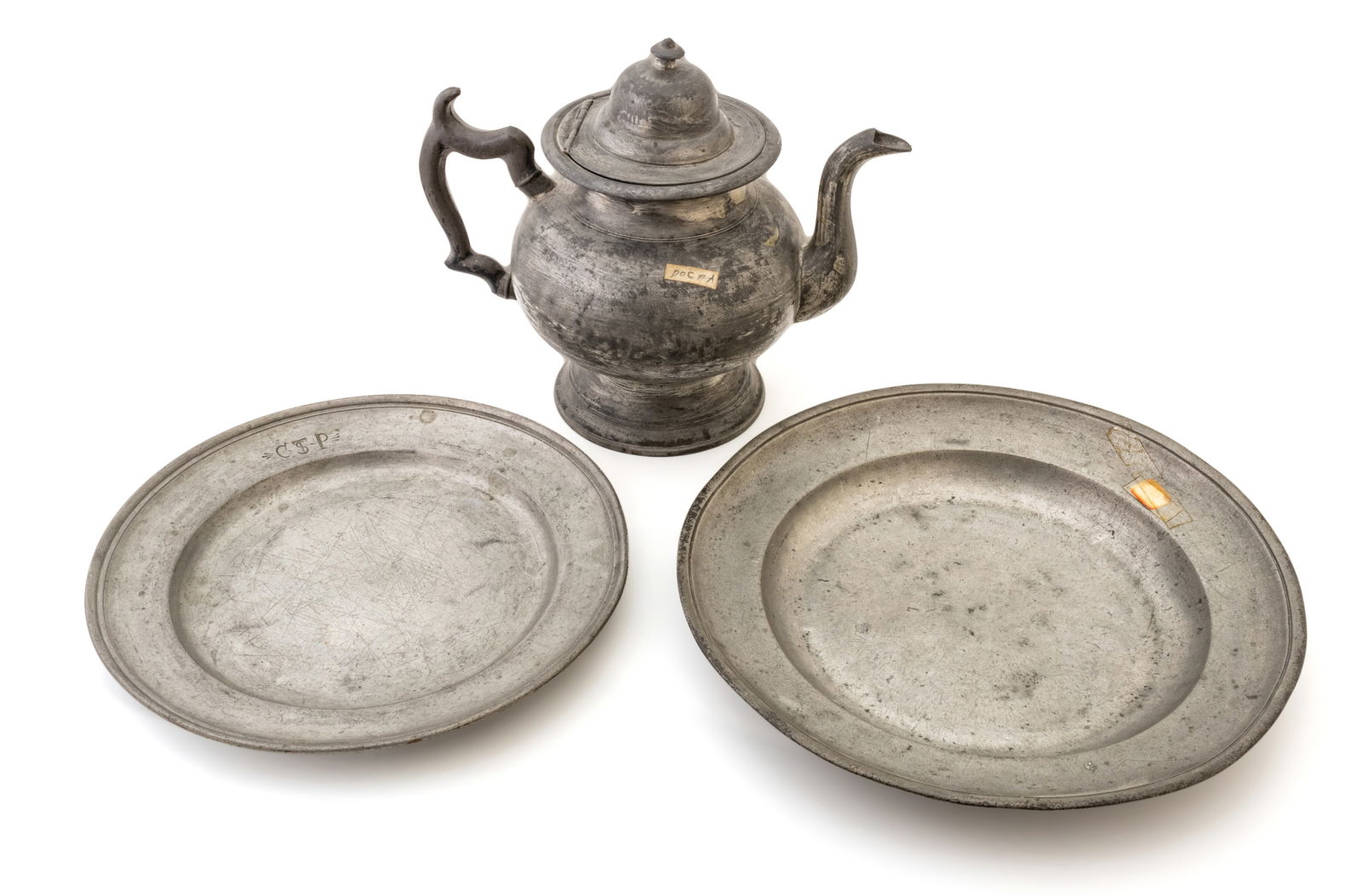 Pewter Plates (2) And Teapot Ca. 19th.c., Dia. 10" 3 pcs (1 of 9)