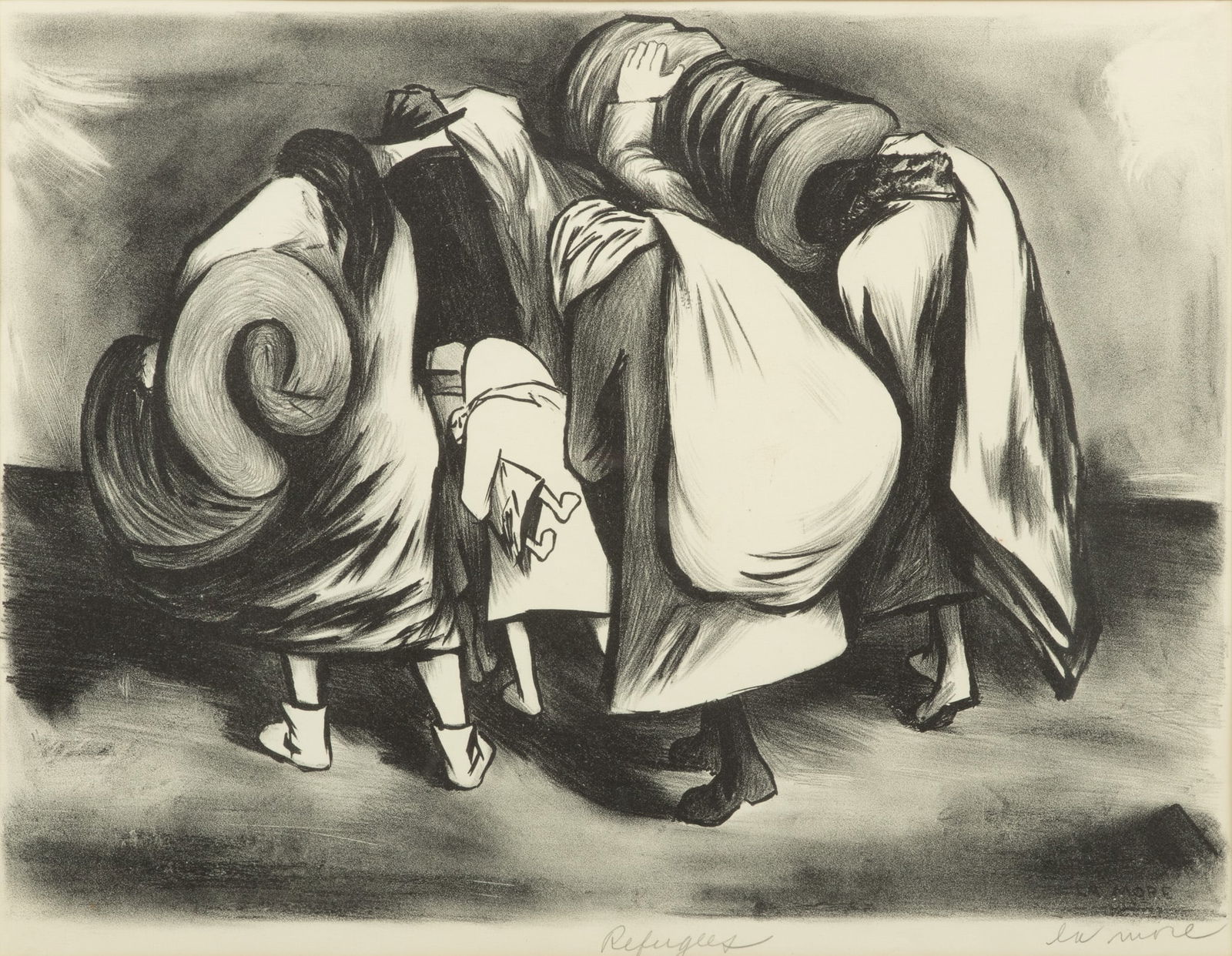 Chet LaMore (American, 1908-1980) Lithograph on Paper, Ca. 19th.c., "Refugees", H 12" W 16" (1 of 5)