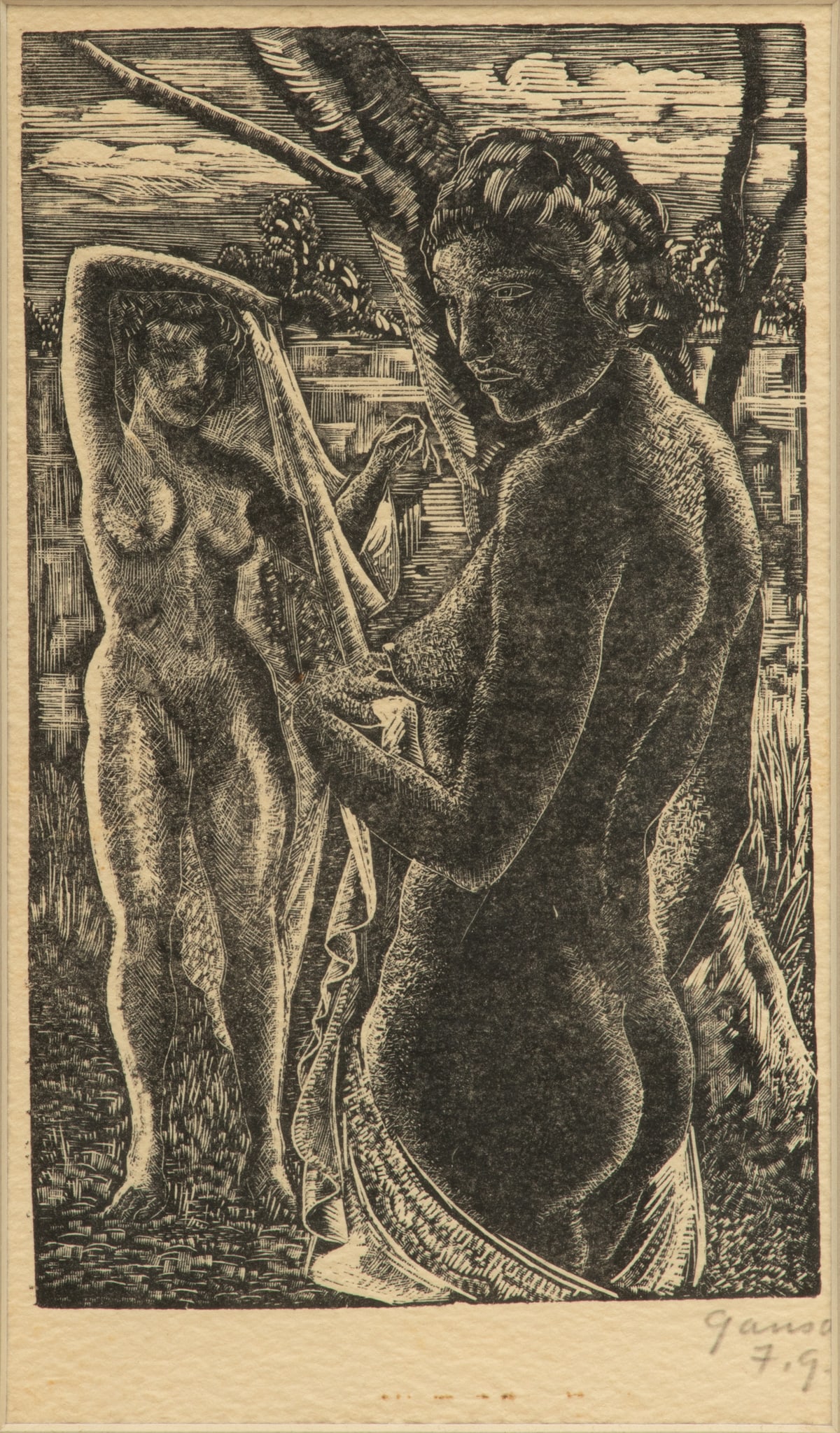 Emil Ganso (American, 1895-1941) Wood Engraving on Textured Paper, 1930-1950, "The Bathers", H 7.25" (1 of 5)