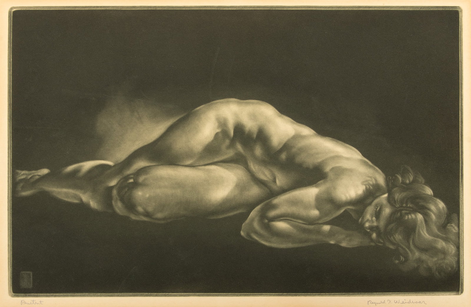 Reynold Henry Weidenaar (American, 1915-1985) Mezzotint on Wove Paper 1947, "Penitent", H 9" W 14": Reynold Henry Weidenaar (American, 1915-1985) Mezzotint on Wove Paper 1947, "Penitent", H 9" W 14" | Signed in pencil lower right, titled lower left, with full margins, unframed. Provenance: From the 