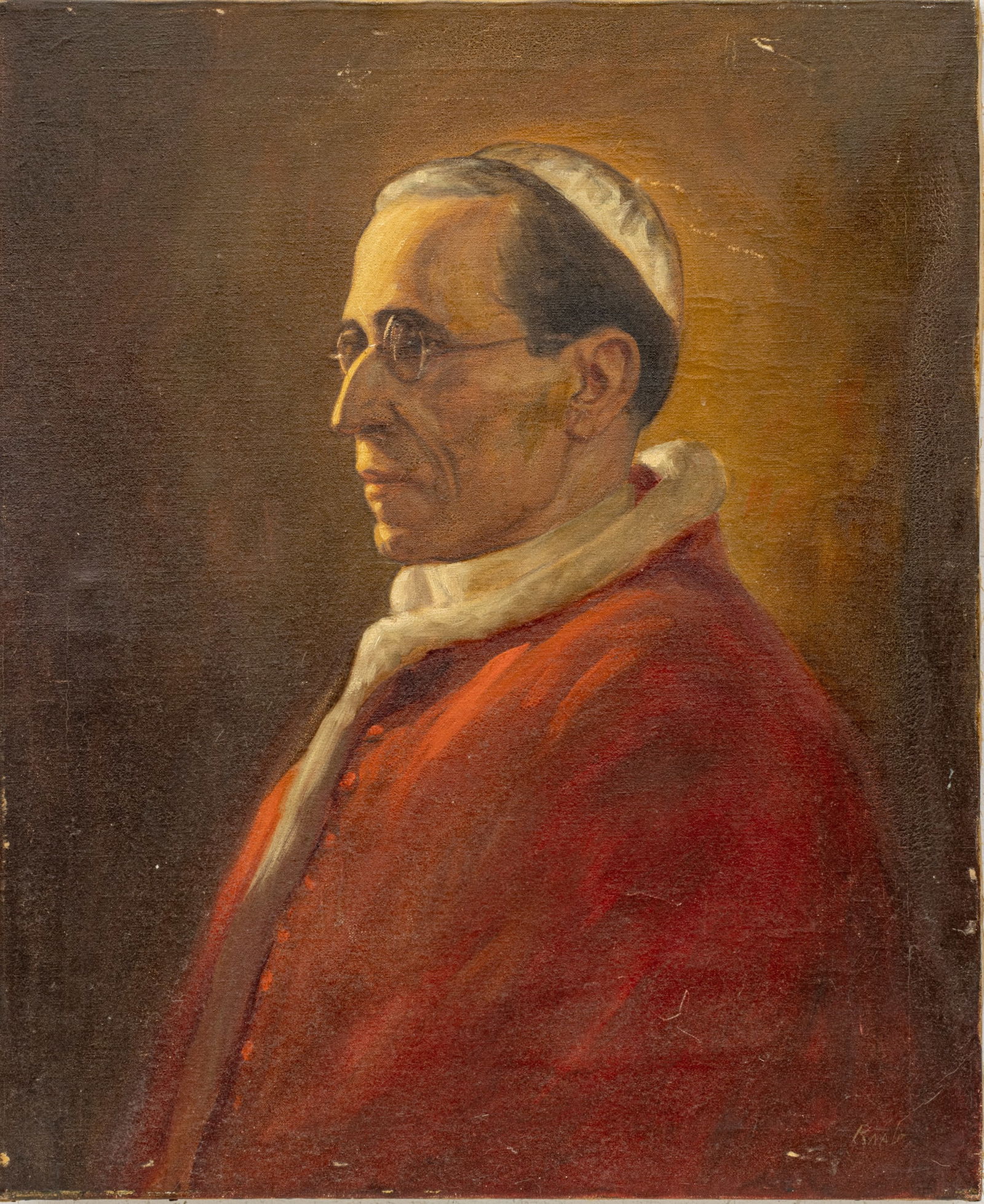 Signed Raab Oil on Canvas,  Mid 20th C., "Portrait of Pope Pius XII", H 27" W 22" (1 of 7)
