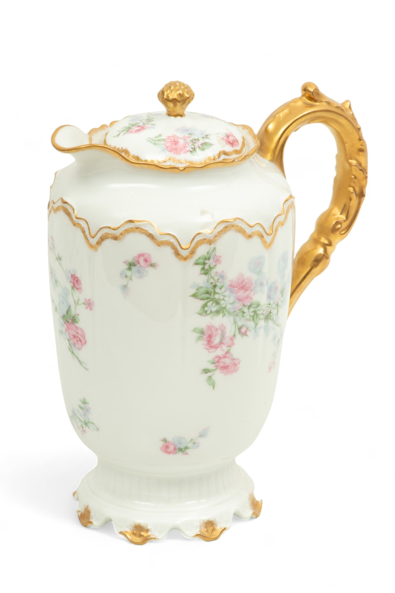 Haviland Limoges (France) Porcelain Hand Painted Coffee Pot Ca. 1900, H 9.5": Haviland Limoges (France) Porcelain Hand Painted Coffee Pot Ca. 1900, H 9.5" | Fired gold handle, knob and borders. Hand painted pink roses. on raised scallop edge foot. Provenance: Property of a Prom