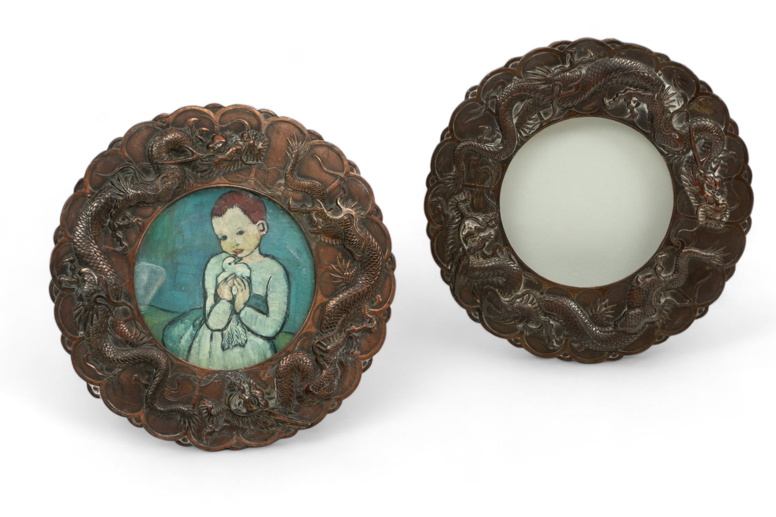 Metal Clad Round Frames, Dragon Motif Ca. 1900, Dia. 9.2" 1 Pair (1 of 3)