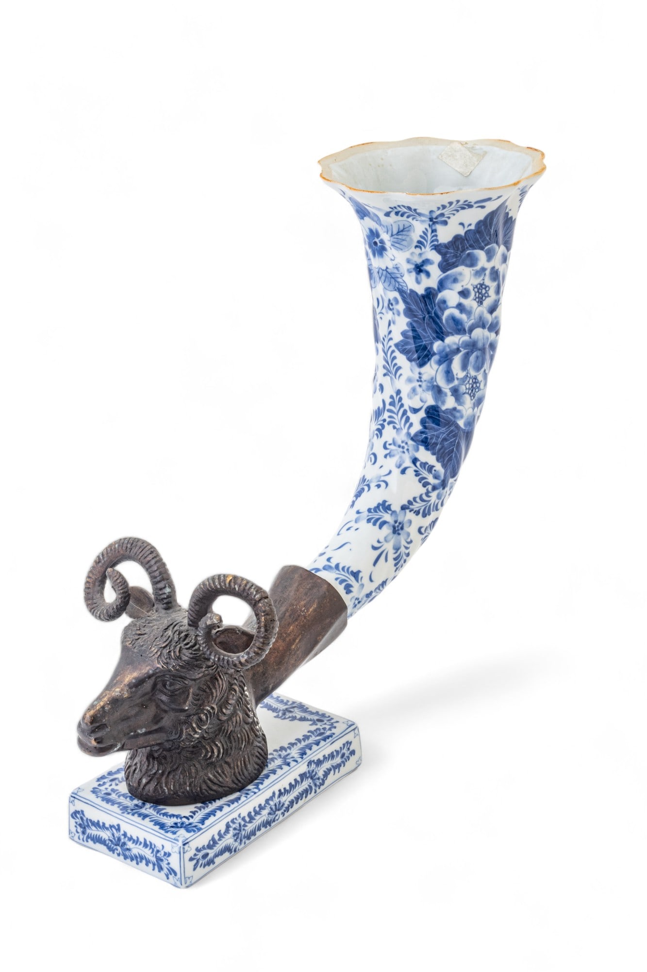 Maitland-Smith (British) Bronze Ram Head & Blue & White Porcelain Cornucopia Vase, H 12.5" W 5.5" L (1 of 8)