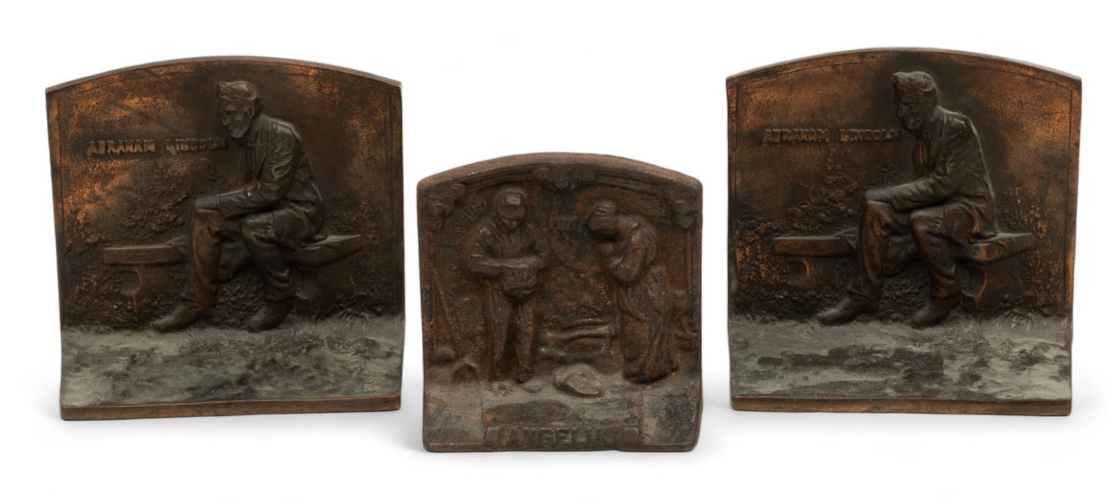 Cast Iron Abraham Lincoln Bookends Ca. 1900, H 4.5" L 5.5" + Single Bookend, 3 Pcs. (1 of 7)