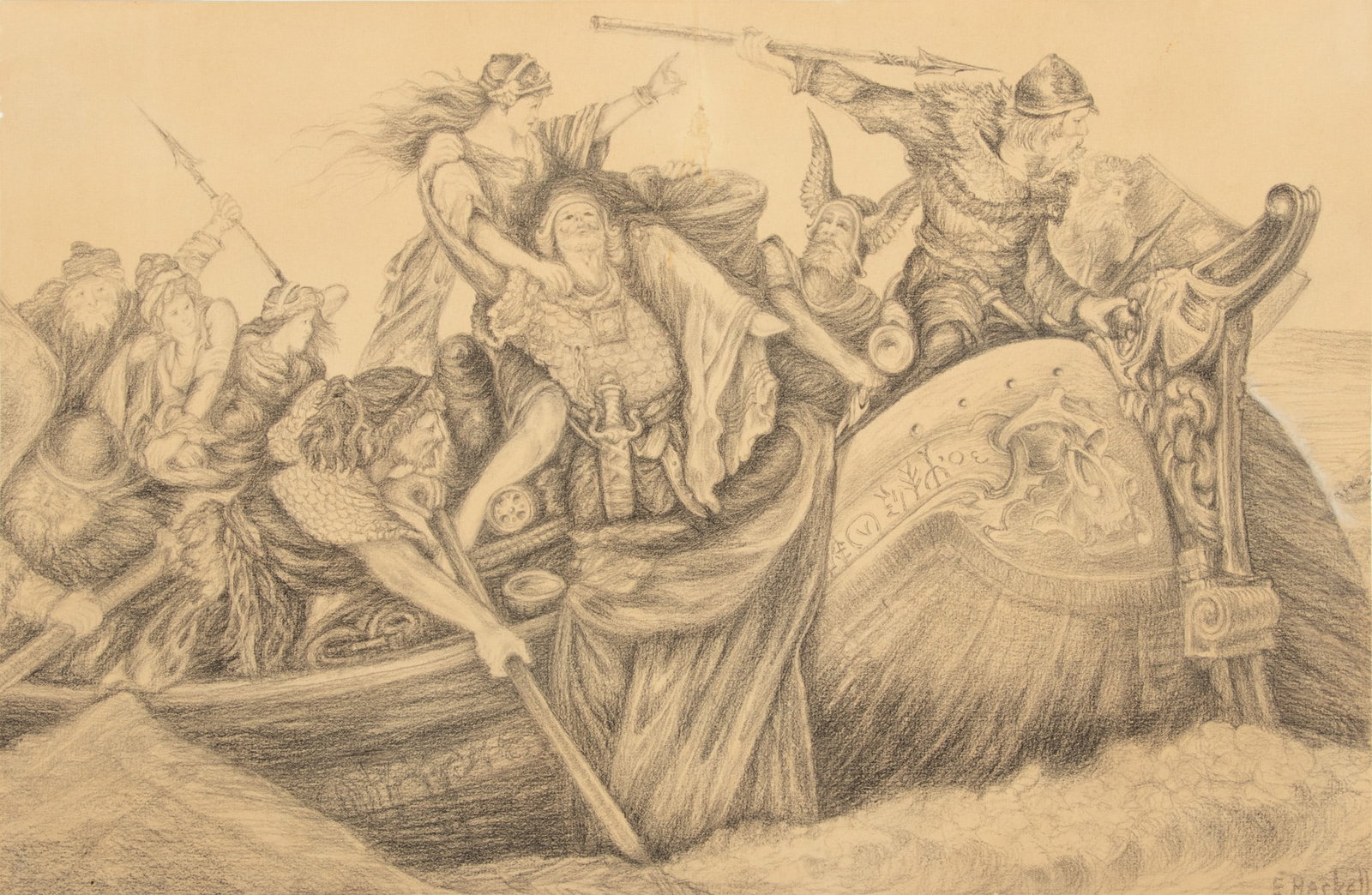 E. Haskell Charcoal on Paper Drawing, Ca. Early 20th C., "Vikings", H 14.25" W 22.125": E. Haskell Charcoal on Paper Drawing, Ca. Early 20th C., "Vikings", H 14.25" W 22.125" | Signed E. Haskell in the lower right. Drawing on paper depicting Viking raiders in a riverboat with three abduc