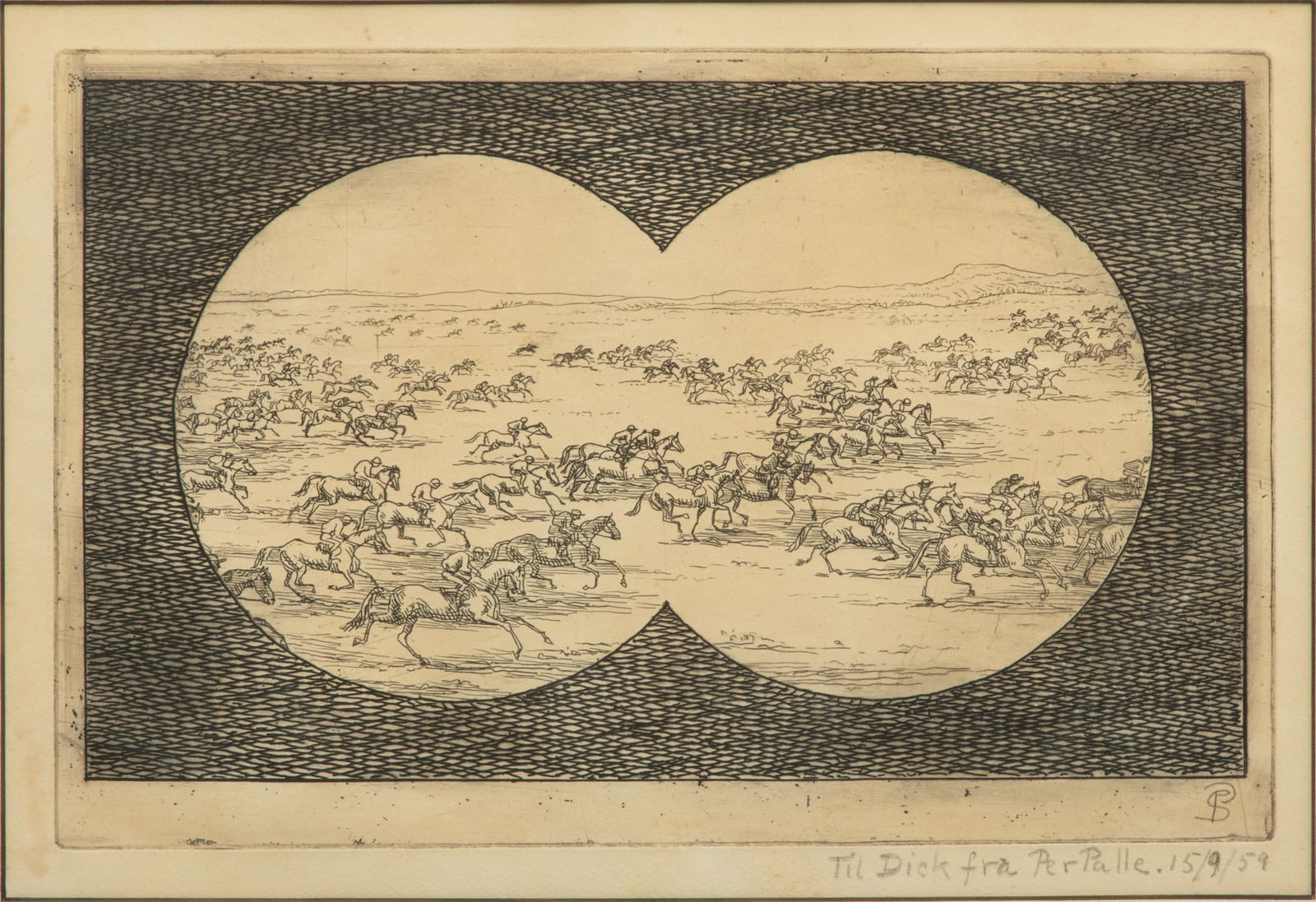 Per Palle Storm (Norwegian, 1910-1994) Drypoint Etching on Paper, 1959, "Horse Race View from (1 of 6)