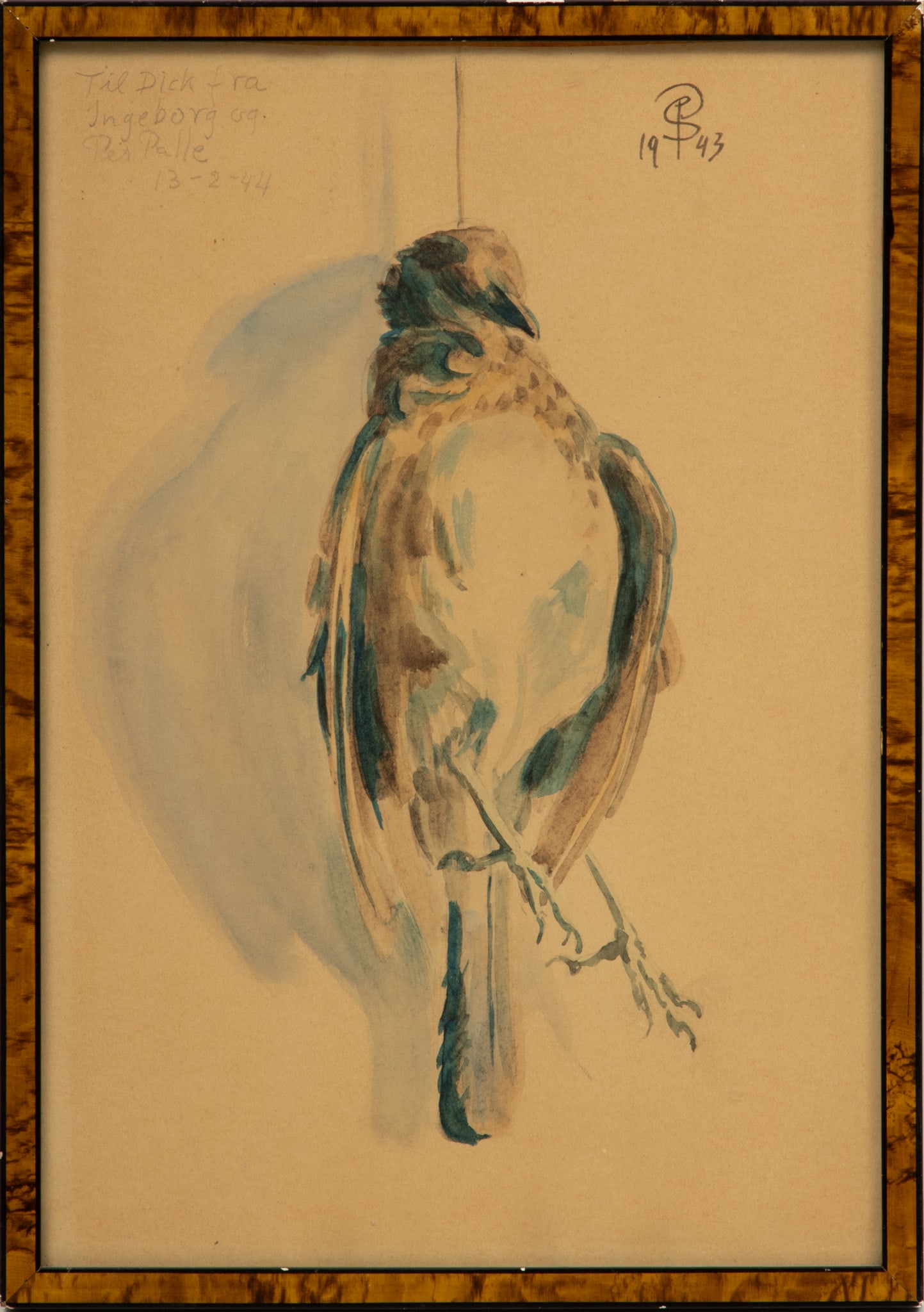 Per Palle Storm (Norwegian, 1910-1994) Watercolor on Paper, 1943, "Untitled Bird Study", H 10.75" W: Per Palle Storm (Norwegian, 1910-1994) Watercolor on Paper, 1943, "Untitled Bird Study", H 10.75" W 7.25" | Signed and dated upper right with 'Til Dick Fra Ingeborg og. Per Palle 13-2-44' to the upper