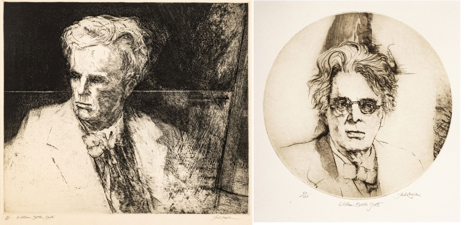Jack Coughlin (American, B. 1932) Etchings on Wove Paper "William Butler Yeats", Group of Two: Jack Coughlin (American, B. 1932) Etchings on Wove Paper "William Butler Yeats", Group of Two Prints, H 11.75" W 13.75" | Each signed in pencil lower right, titled and numbered 21/40 and 67/100, with