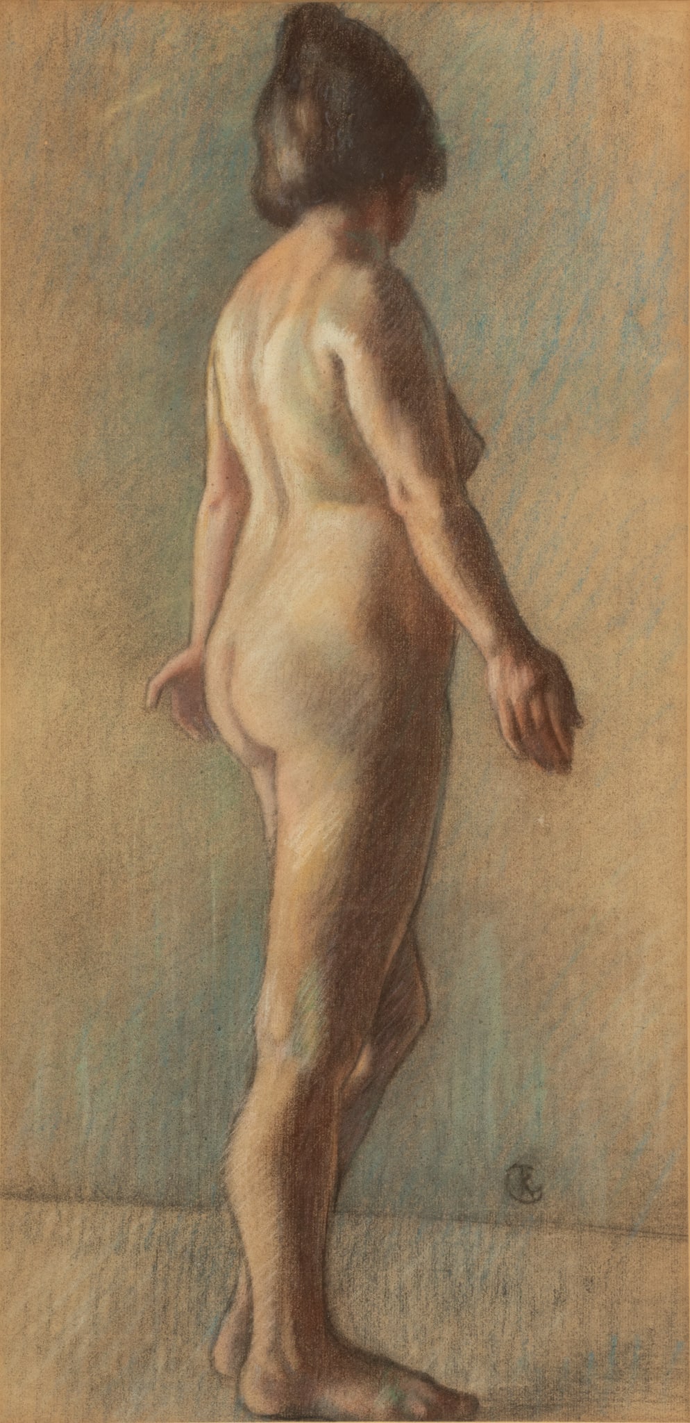 G. Keller, Pastel & Charcoal on Paper, "Untitled Nude Study", H 24" W 11.75": G. Keller, Pastel & Charcoal on Paper, "Untitled Nude Study", H 24" W 11.75" | Artist's monogram to the lower right. Frame measures H 32.5" X W 20". Provenance: Wolf's Auction Gallery, Cleveland, OH, 