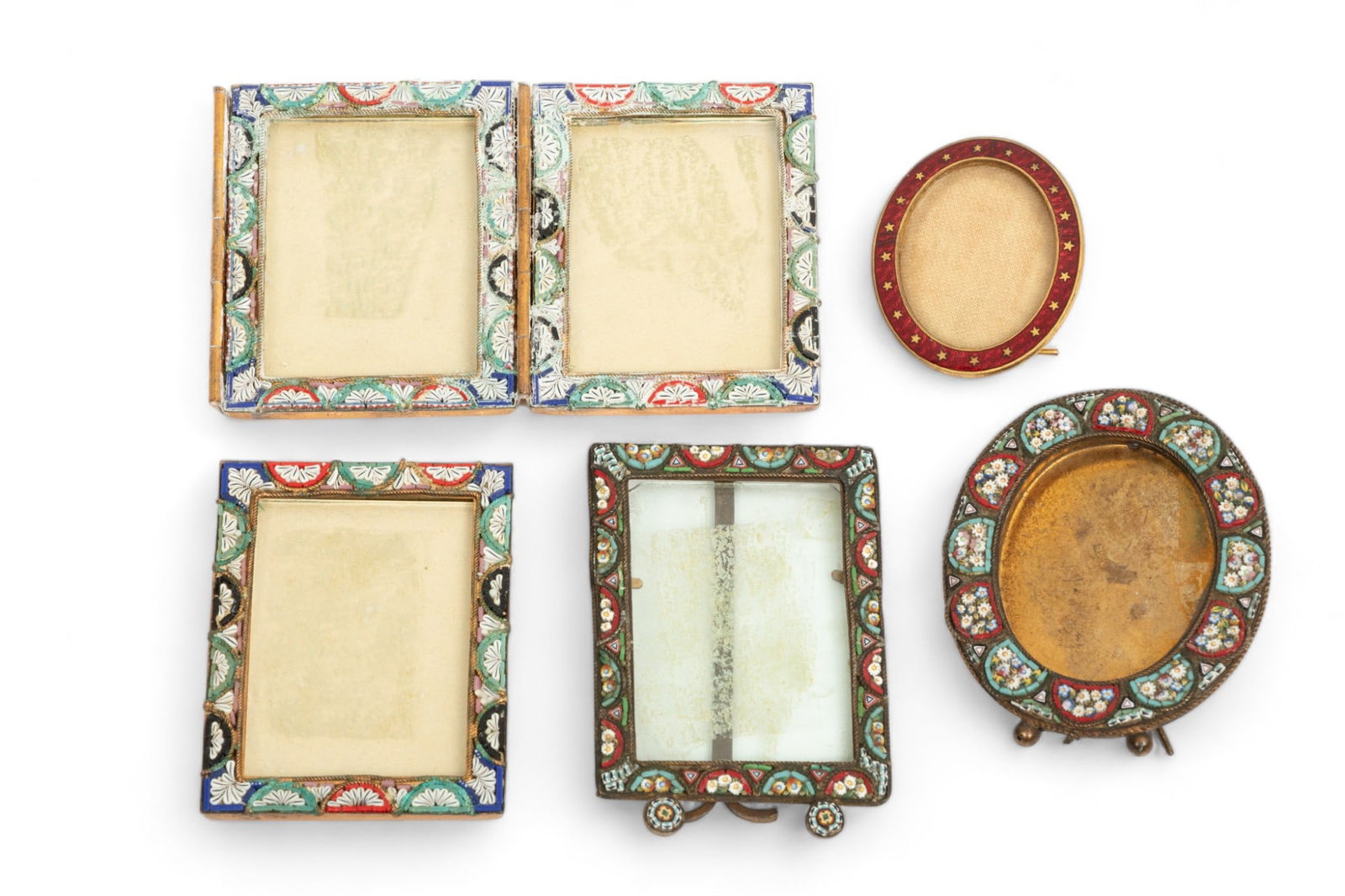 Italian Mosaic Miniature Photo Frames (4) + Red Enamel Oval Frame (1) Ca. 1900, H 2.7" W 2" 5 pcs (1 of 2)
