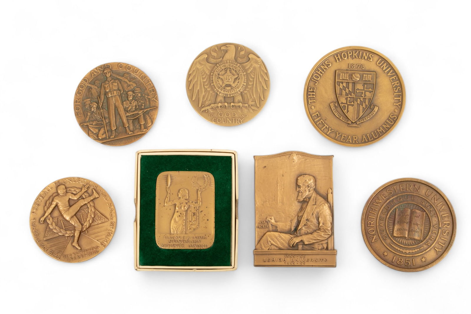 Scholastic Commemorative Bronze Plaques & Honorary Medals, Ca. 20th C., 7 pcs (1 of 2)
