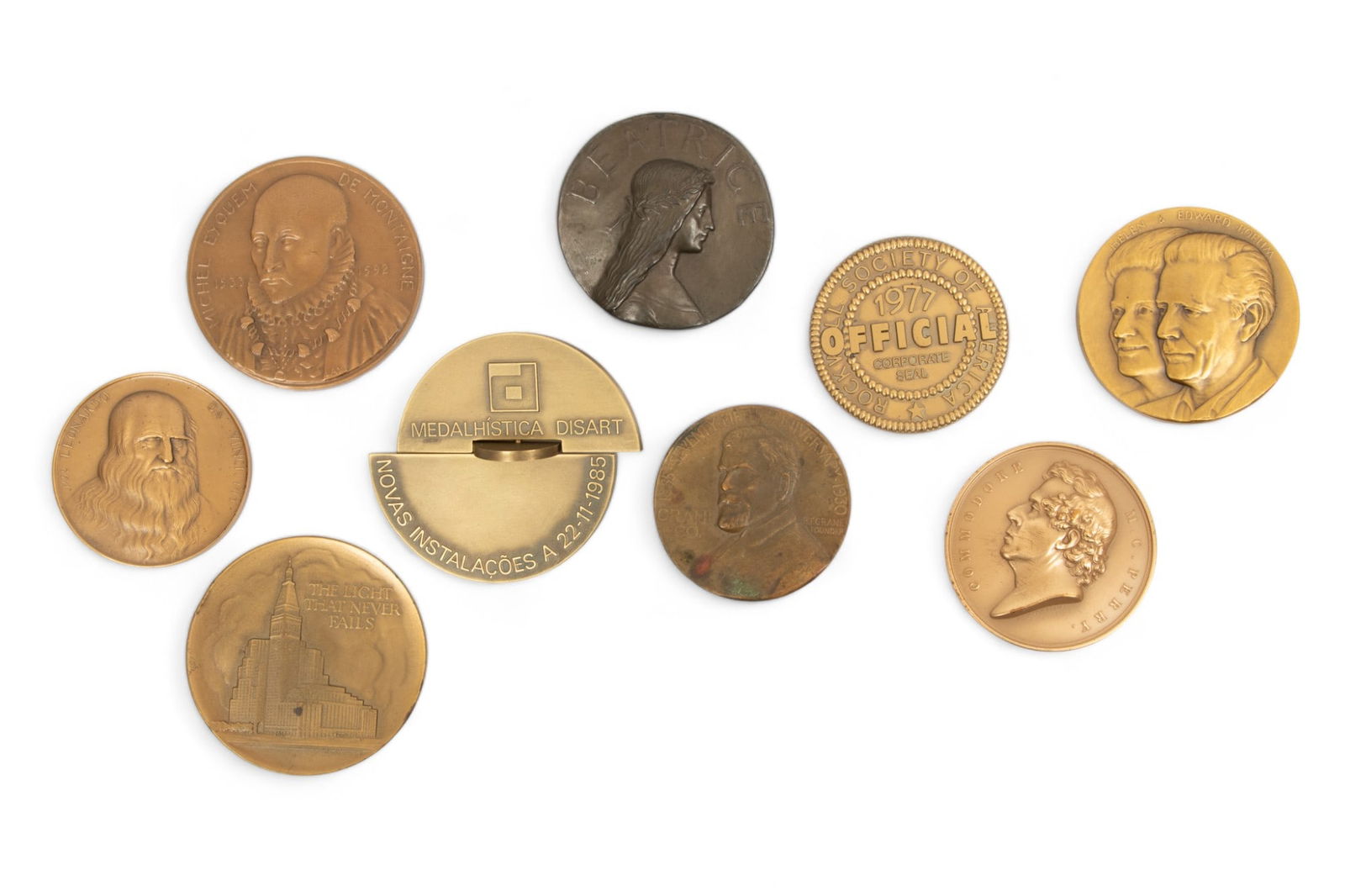 Commemorative Bronze Medals & Plaques, Ca. 20th C., 8 pcs + Pewter Plaque of Beatrice Portinari (1 of 2)