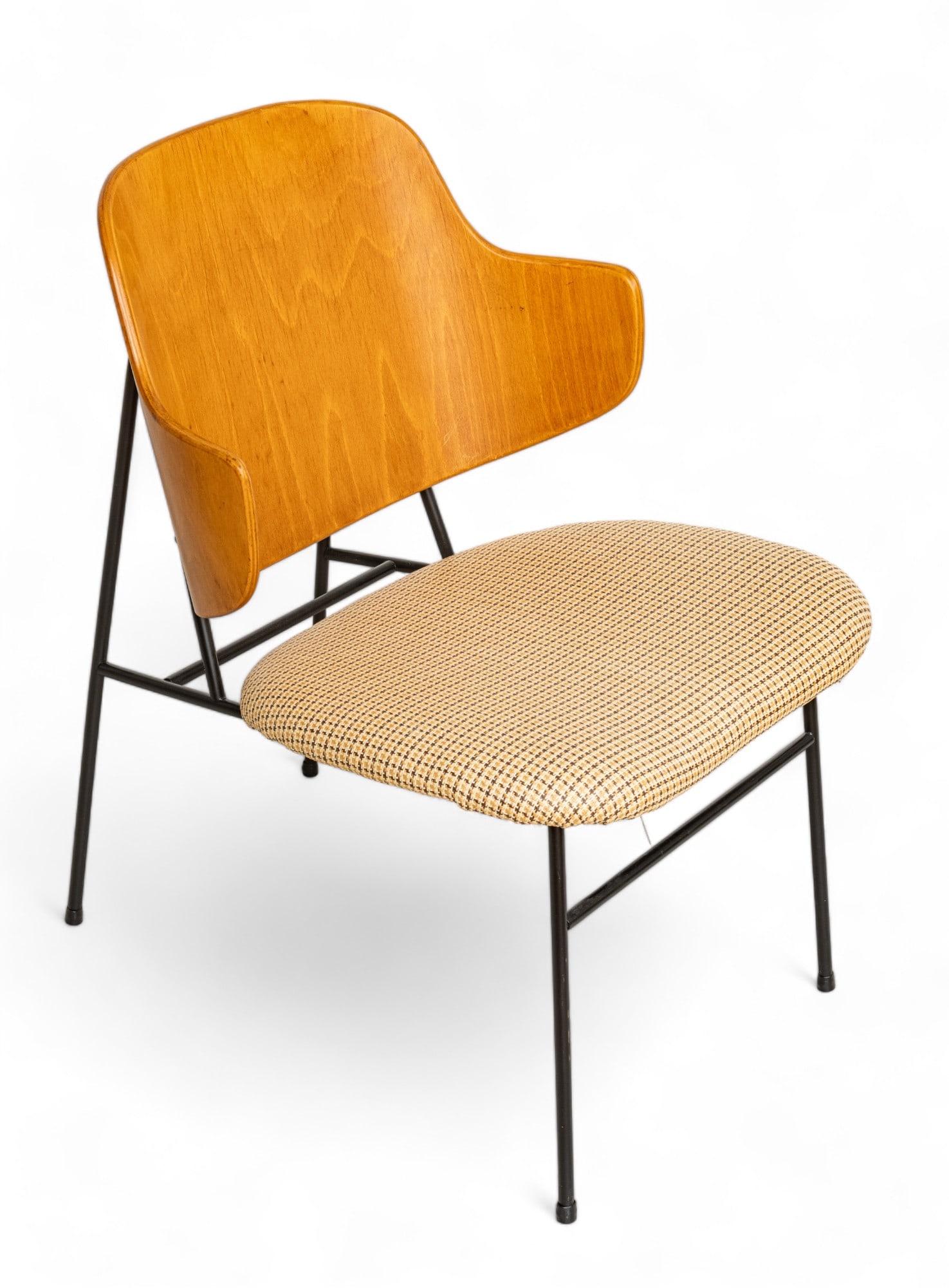 Ib Kofod Larsen (Danish, 1921-2003) for Selig, Scandinavian Modern 'Penguin' Accent Chair, H 29" W: Ib Kofod Larsen (Danish, 1921-2003) for Selig, Scandinavian Modern 'Penguin' Accent Chair, H 29" W 21" Depth 18" | Marked Denmark. Having a tweed stye upholstered seat. Terminating on black steel legs