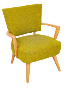 Heywood-Wakefield Co. (American) Mid-Century Modern Upholstered Open Arm Chair, H 32" W 28" Depth: Heywood-Wakefield Co. (American) Mid-Century Modern Upholstered Open Arm Chair, H 32" W 28" Depth 20" | Offers a birch frame with chartreuse upholstered seat and back. Open arms, terminating on four s