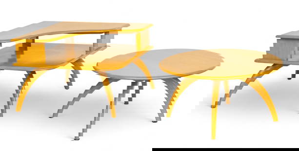 Heywood-Wakefield Co. (American) Mid-Century Modern Birch Swiveling Cocktail Table & Corner Table,: Heywood-Wakefield Co. (American) Mid-Century Modern Birch Swiveling Cocktail Table & Corner Table, Ca. 1960, H 16" Dia. 31.5" 2 pcs | the lot includes one lazy susan style cocktail table (H 16" X Dia.