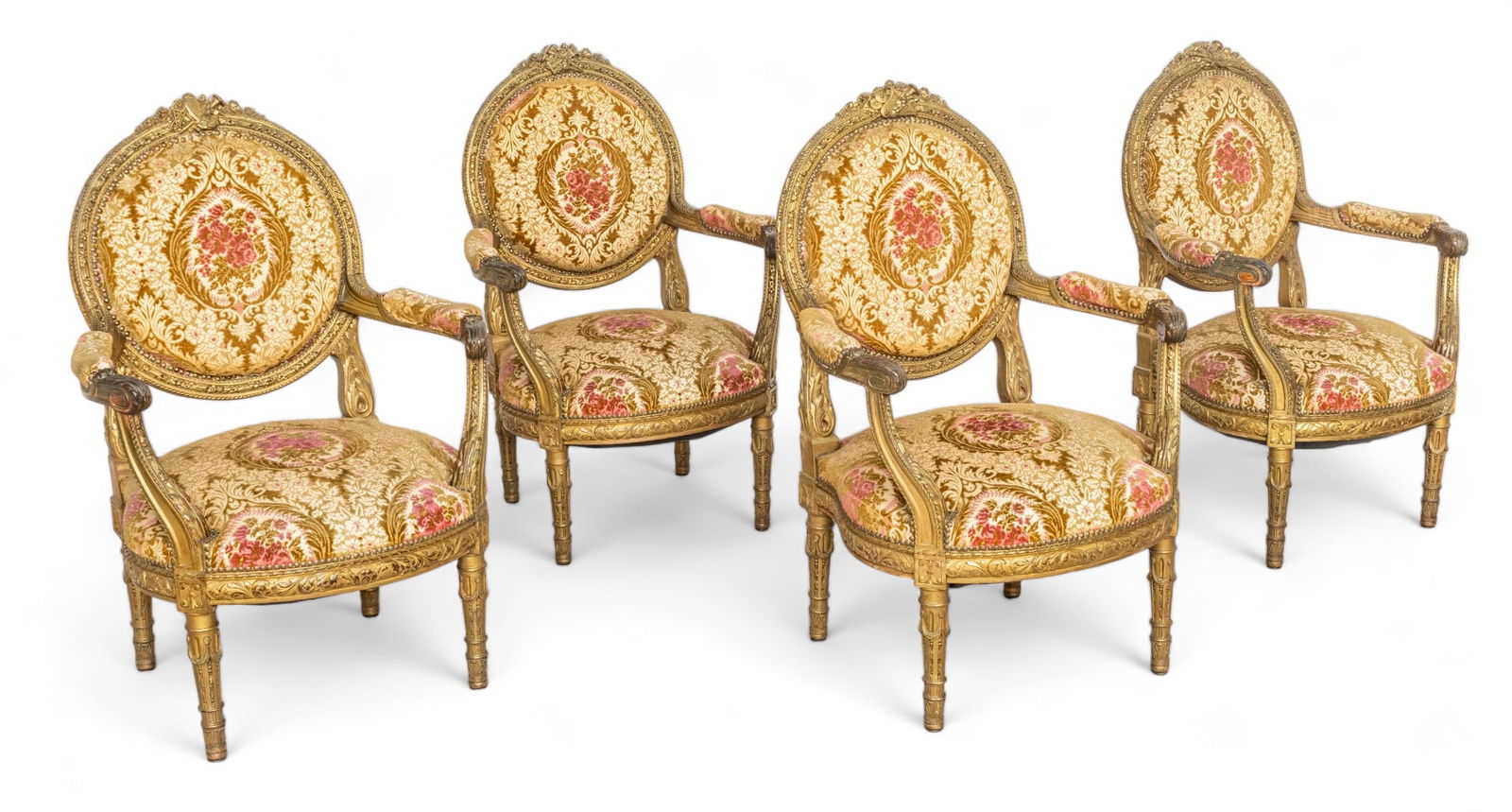 Louis XVI Style Set of Walnut Gilt Open Arm Chairs, Music Theme Crests, Ca. 19th C., H 48" W 30" 4 (1 of 8)