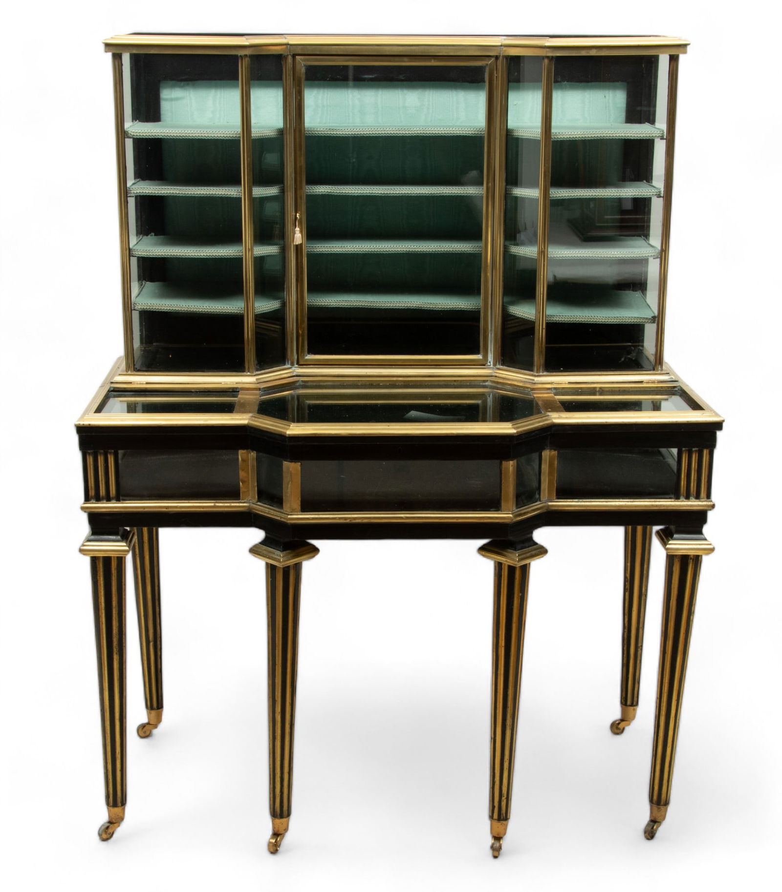 French Brass Trimmed Ebony Wood Louis XVI Style Vitrine Cabinet, H 58" W 44" Depth 25" (1 of 6)