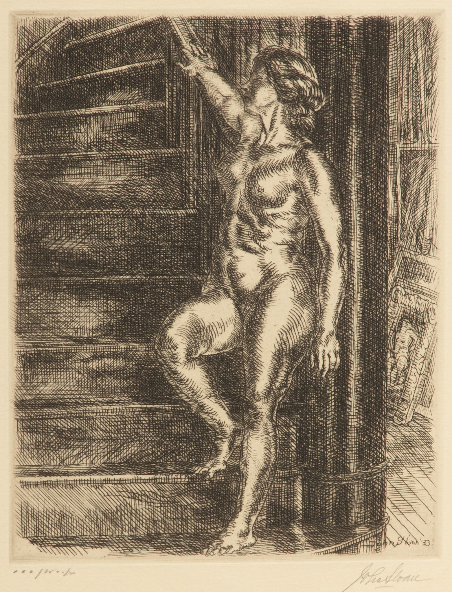 John Sloan (American, 1871-1951) Etching on Paper, 1933, "Nude Standing on Stairway", H 6.9" W 5.4": John Sloan (American, 1871-1951) Etching on Paper, 1933, "Nude Standing on Stairway", H 6.9" W 5.4" | Signed in pencil lower right, titled and annotated 100 Proofs in the lower left, Third state (of 3