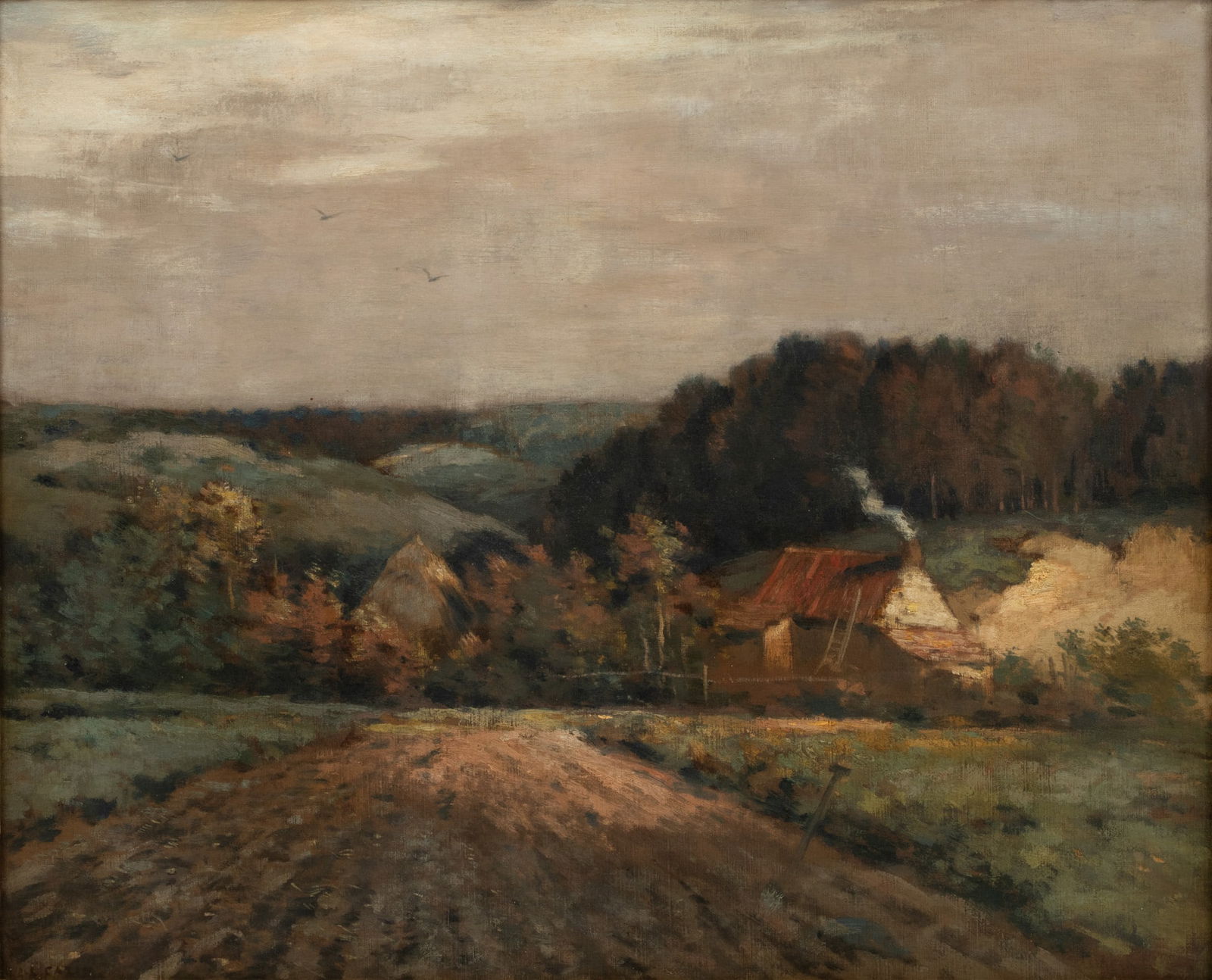 Jean-Charles Cazin (French, 1840-1901) Oil on Canvas Ca. 1870, "Early Fall, Countryside", H 23.25" W (1 of 5)