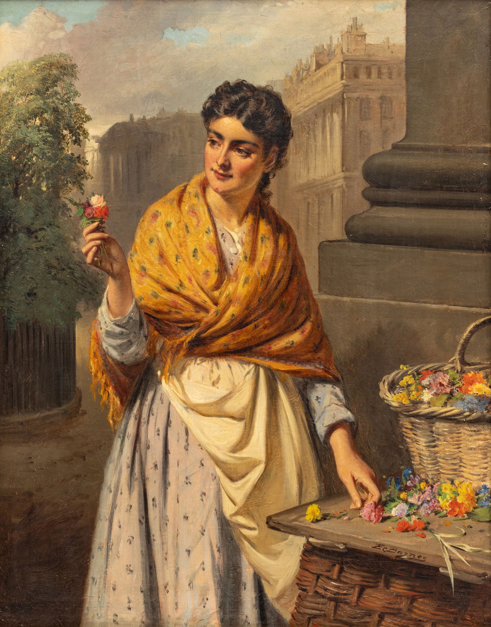 Edward Charles Barnes (British, 1830-1882) Oil on Canvas Ca. 1880, "Flower Girl", H 25" W 20" (1 of 11)